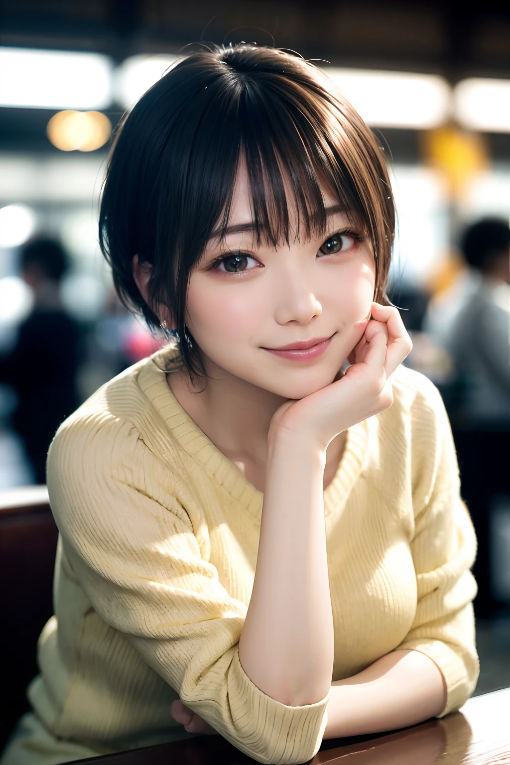Japan girl in casual clothes on the streets of Tokyo, looking at the viewer, posing with a smile (highest quality, masterpiece))), high resolution, very detailed, masterpiece, cinematic lighting, (8K, highest quality, masterpiece: 1.2), (realistic, photorealistic: 1.37) Hi-Res, Super Detail, 1 Girl , Woman with Glasses, Asian, Cute, Cute Face, Solo, Short Hair 1.2, textured skin, beautiful smile, beautiful detailed sky, detailed café, night, movie lighting, depth of field, lens flare light, sitting, dating, (blushing nose), (smile: 1.15), small breasts (mouth closed), eyes with beautiful details, (sweater: 1.1), night, (short hair: 1.2), floating hair Nova Frog style,