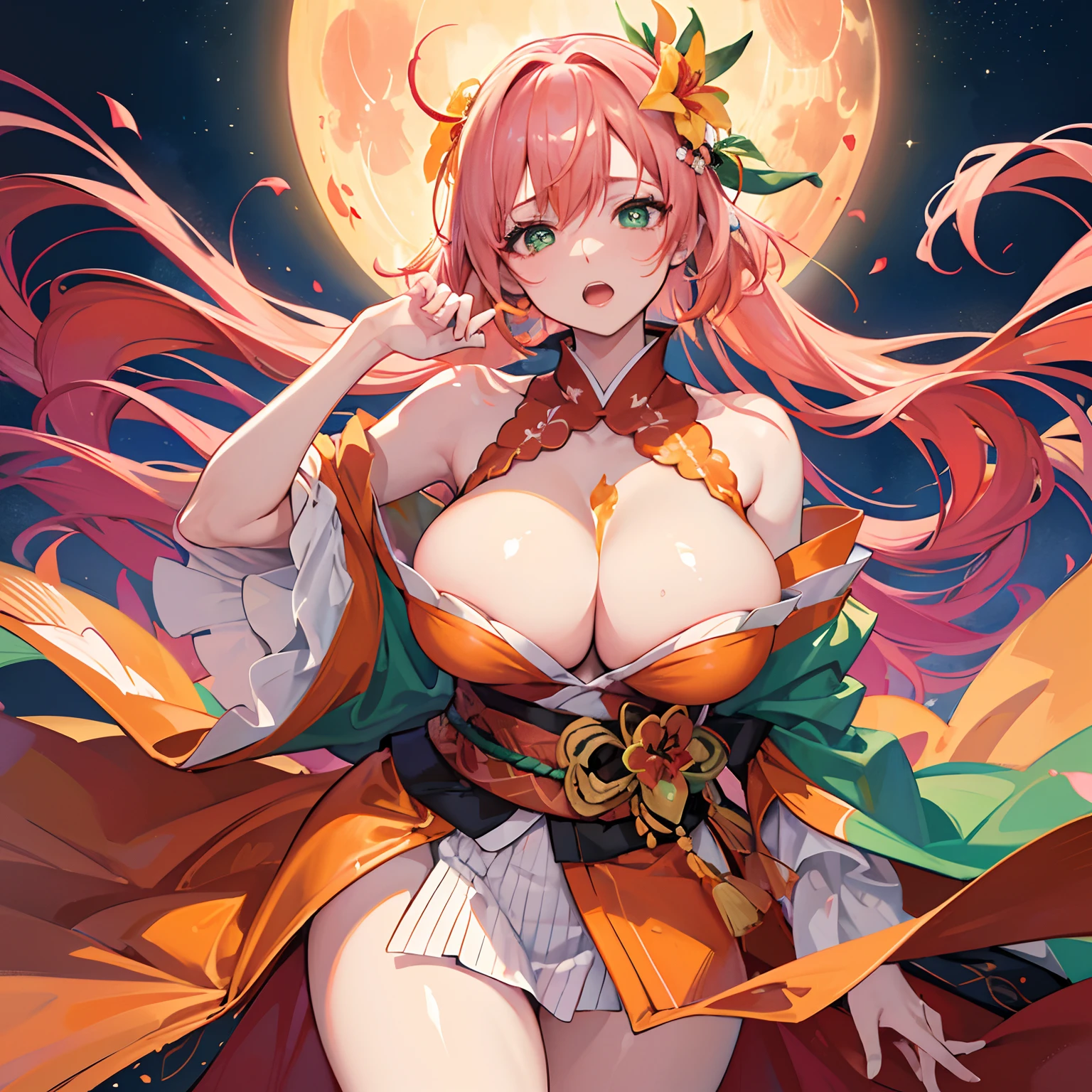 finest image, (8k, RAW photo, realistic), portrait, detailed and delicate depiction and flashy and dynamic painting method, orange pink hair, beautiful woman, emerald green big eyes, amorous expression, lewd expression, ecstasy, orgasm, huge breasts, great proportion, open Japanese kimono, pink and orange lilies, background big moon, iridescent golden particles