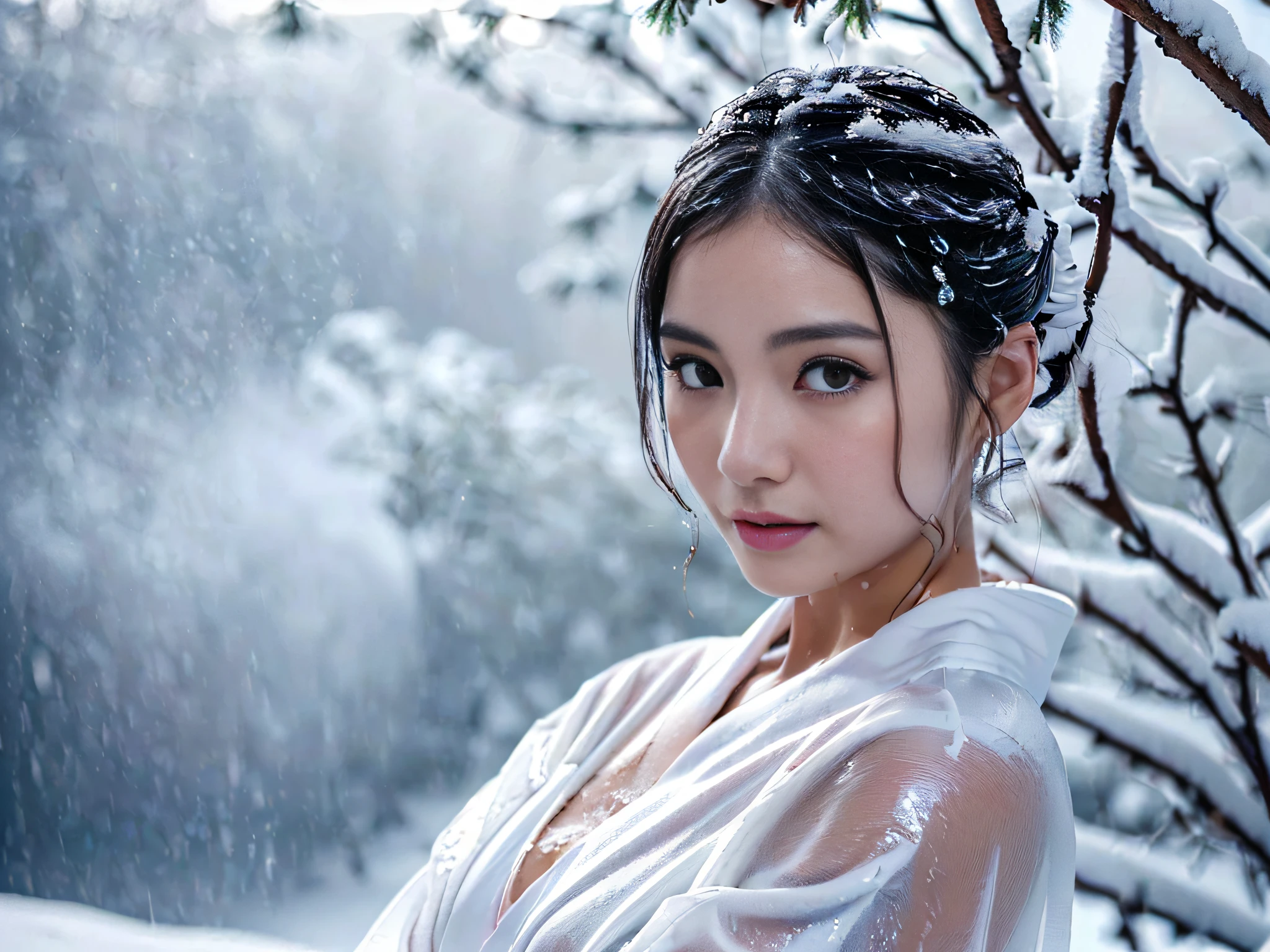((Girls wearing white yukata, see through:1.1, cleavage, sitting in hot springs, snow, outside, extremely beautiful faces, Japanese idols, looking at viewer:1.2, detailed face:1.3 cute face, detailed eyes:1.2, cheek to cheek:1.1, ashamed, embarrassed:1.3, chuckles, shy:1.1, shiny skins, wet, face focused, hot steam, medium shot, lonely eyes, upturned eyes)), trees in the background, snow mountain, ((Masterpiece, 8k, raw photo, high resolution, delicate skin, detailed face, ultra detailed, cinematic, photorealistic)),