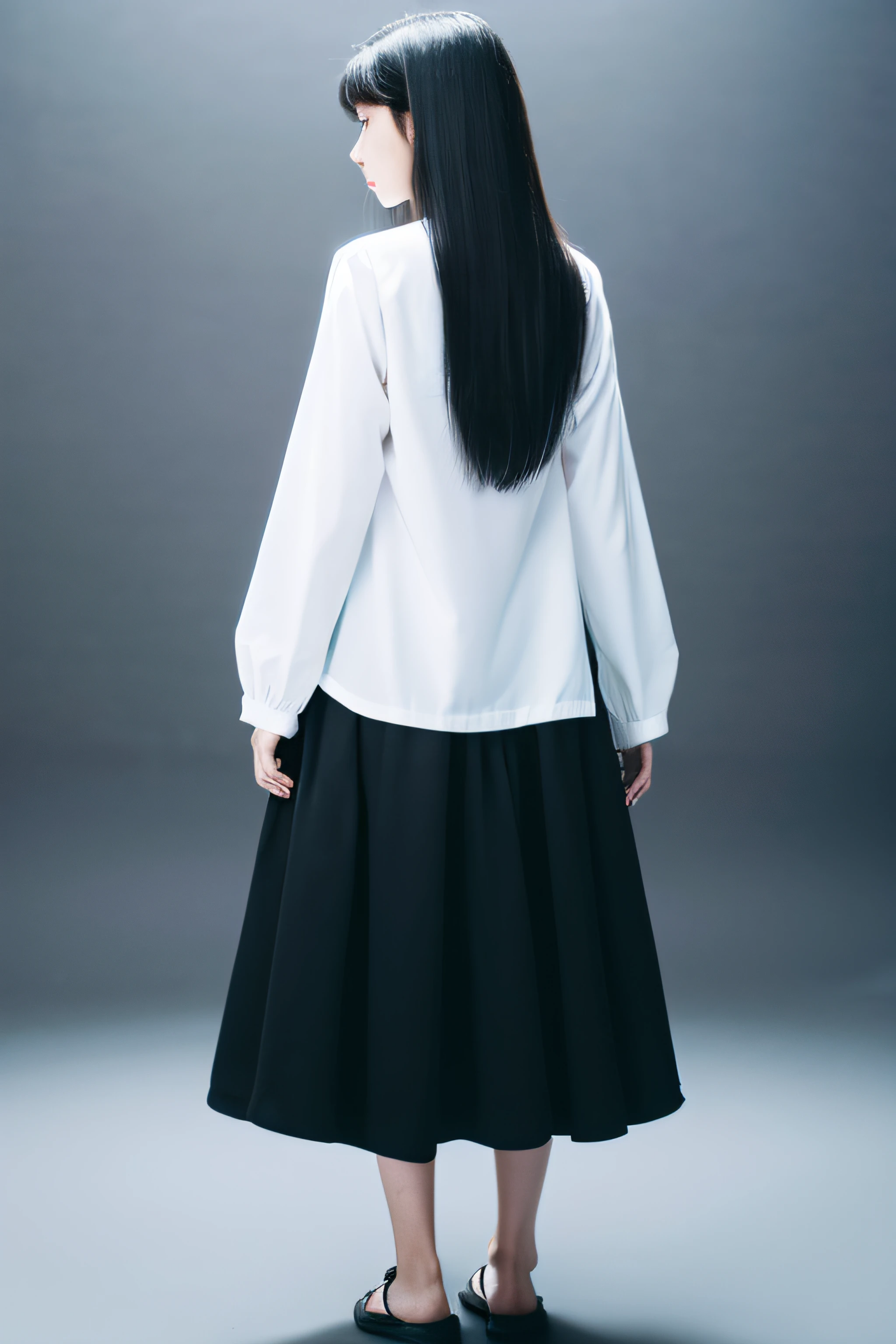 girl, standing, backward, turn back, see sky, black long hair, wear white clothing, long sleeve white dress, black background, whole body, full body, background blackout, look back away,