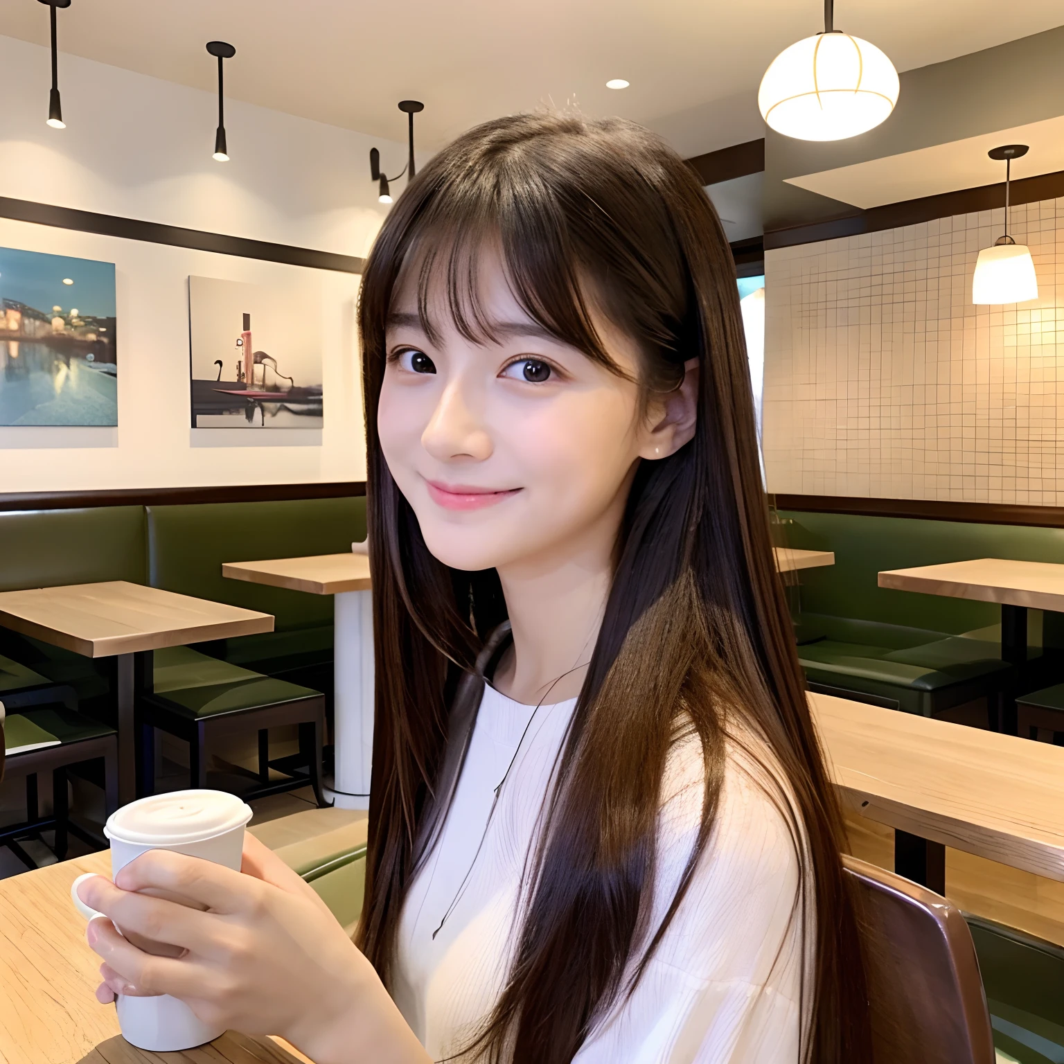 An ultra-high picture quality、Natural brightness、Young beautiful girl in Japan、a beauty girl、surprised expression、Take a seat in a café、watching smartphone、Straight long hair、neat and clean clothes、Beautiful skin quality