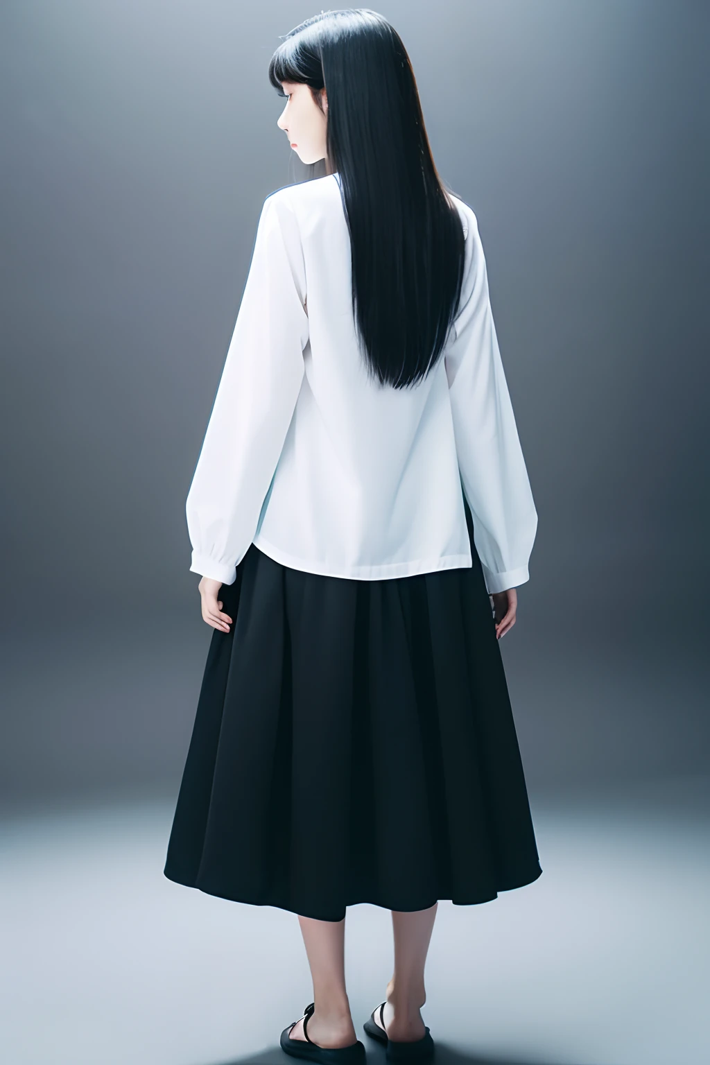 girl, standing, backward, turn back, see sky, black long hair, wear white clothing, long sleeve white dress, black background, whole body, full body, background blackout, look back away,