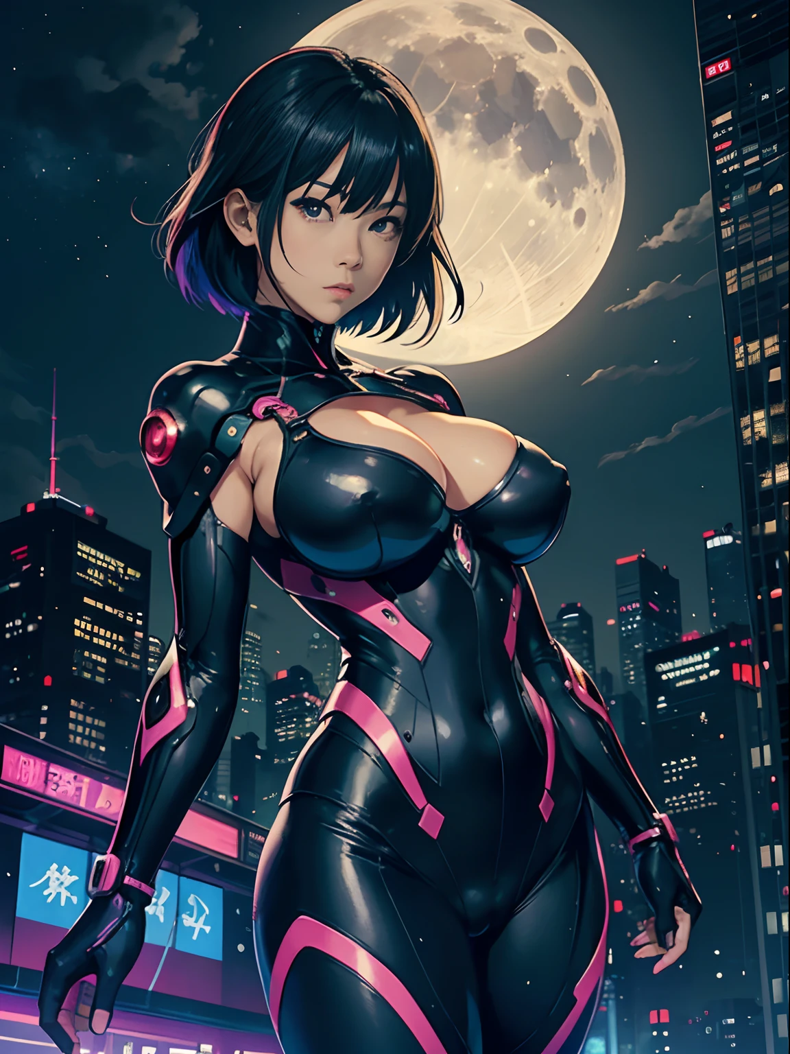 Hiroshi Masumura, Charles Robinson, Surreal, mysterious, strange, fantastical, fantasy, Sci-fi, Japanese anime, Toronto night view, beautiful cyborg girl, skintight rider suit, low cut huge tits cleavage, areola showing, perfect voluminous body, moon in the multicolored night sky, detailed masterpiece