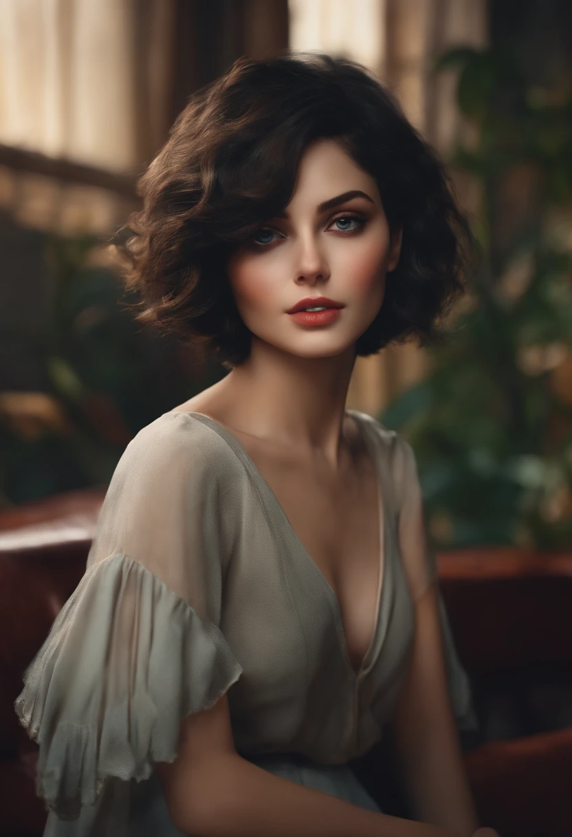high resolution, master part, Ruka Sarashina, short hair, cabelos pretos, (sozinho), 1girl, fofo, interior, Olhos detalhados, (olhos negros)