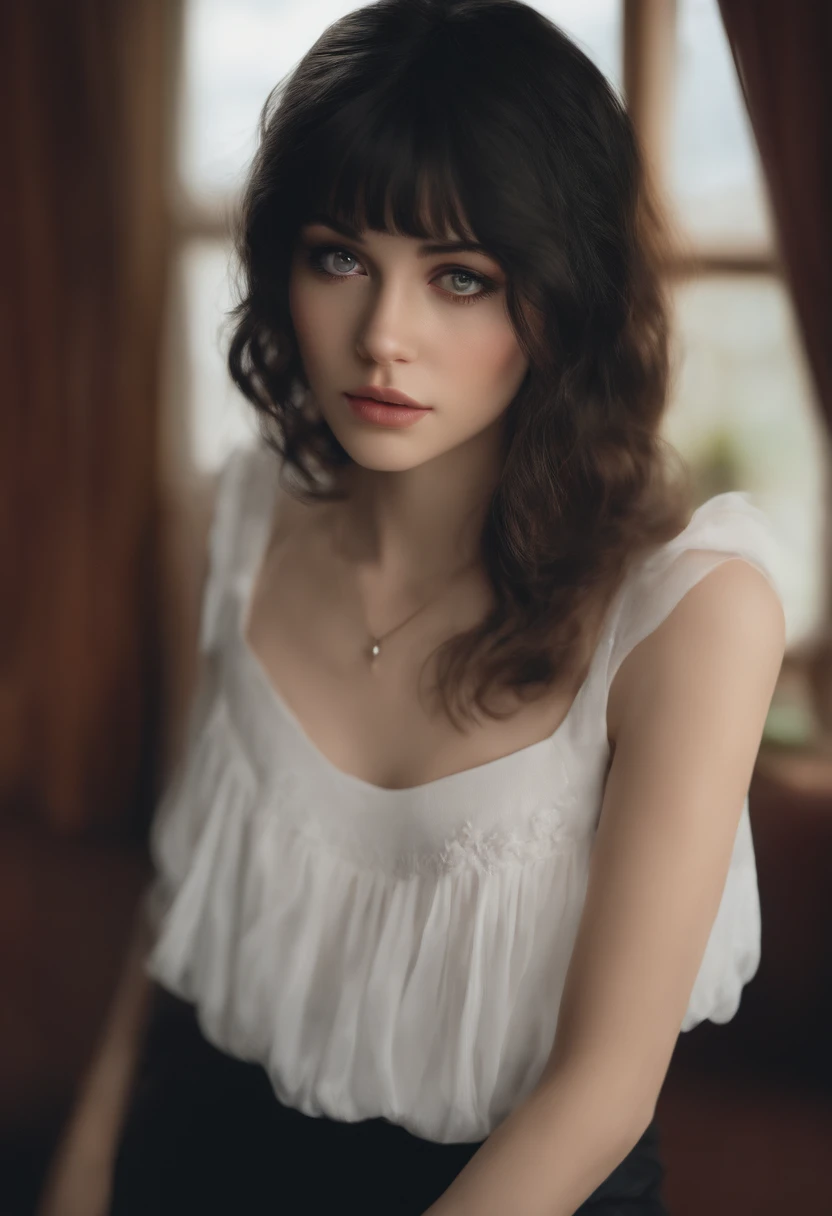 high resolution, master part, Ruka Sarashina, short hair, cabelos pretos, (sozinho), 1girl, fofo, interior, Olhos detalhados, (olhos negros)