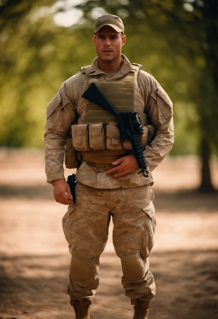 Male soldier, pregnant, holding belly, blushing, legs spread, military clothes