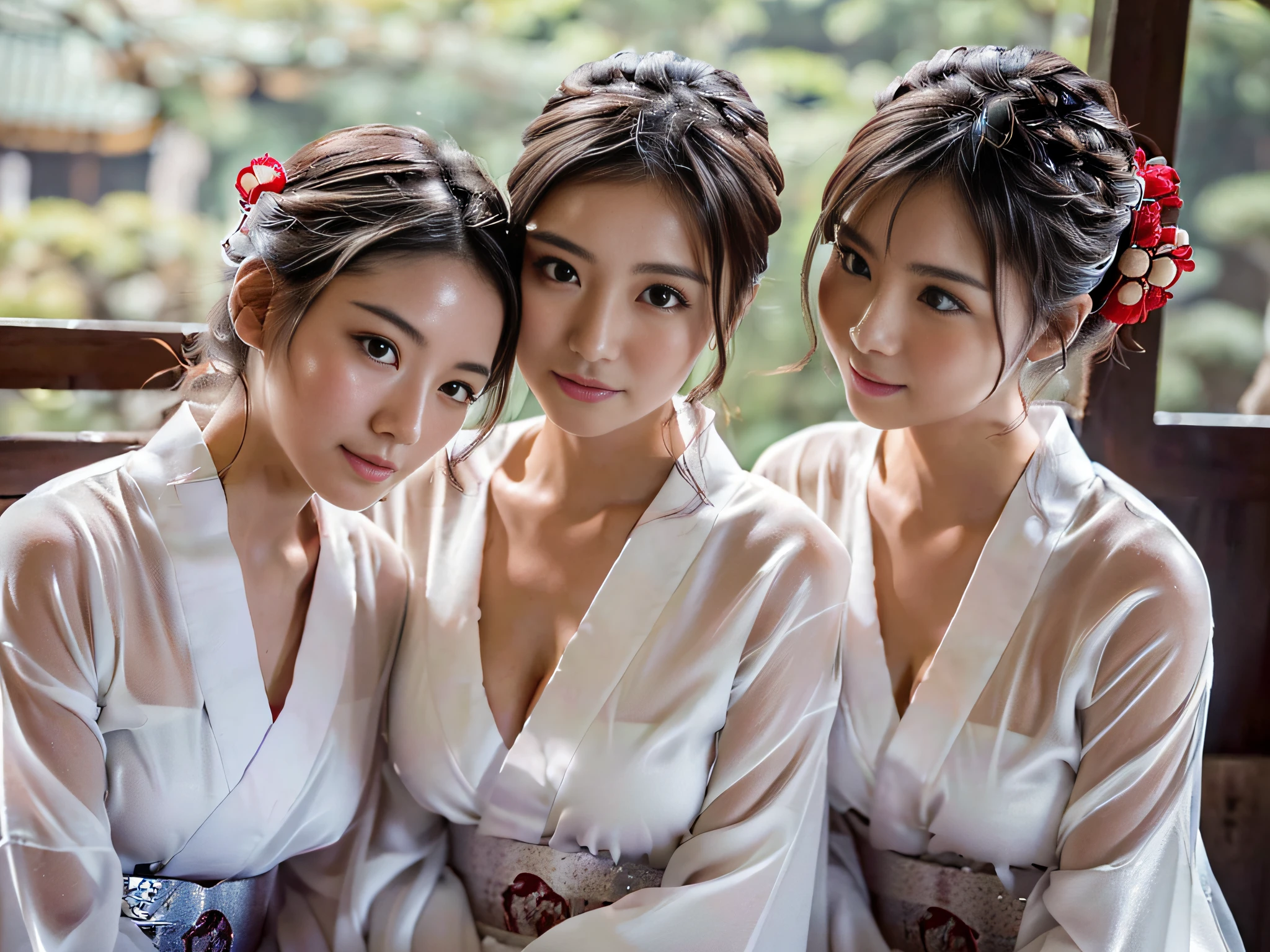 ((Girls wearing white yukata, see through:1.1, cleavage, sitting align toward to viewer, ryokan, extremely beautiful faces, Japanese idols, looking at viewer:1.2, detailed face:1.3 cute face, detailed eyes:1.2, cheek to cheek:1.1, ashamed, embarrassed:1.3, chuckles, shy:1.1, shiny skins, face focused, hot steam, medium shot, lonely eyes, upturned eyes:1.15, group shot)), trees in the background, snow mountain, ((Masterpiece, 8k, raw photo, high resolution, delicate skin, detailed face, ultra detailed, cinematic, photorealistic)),