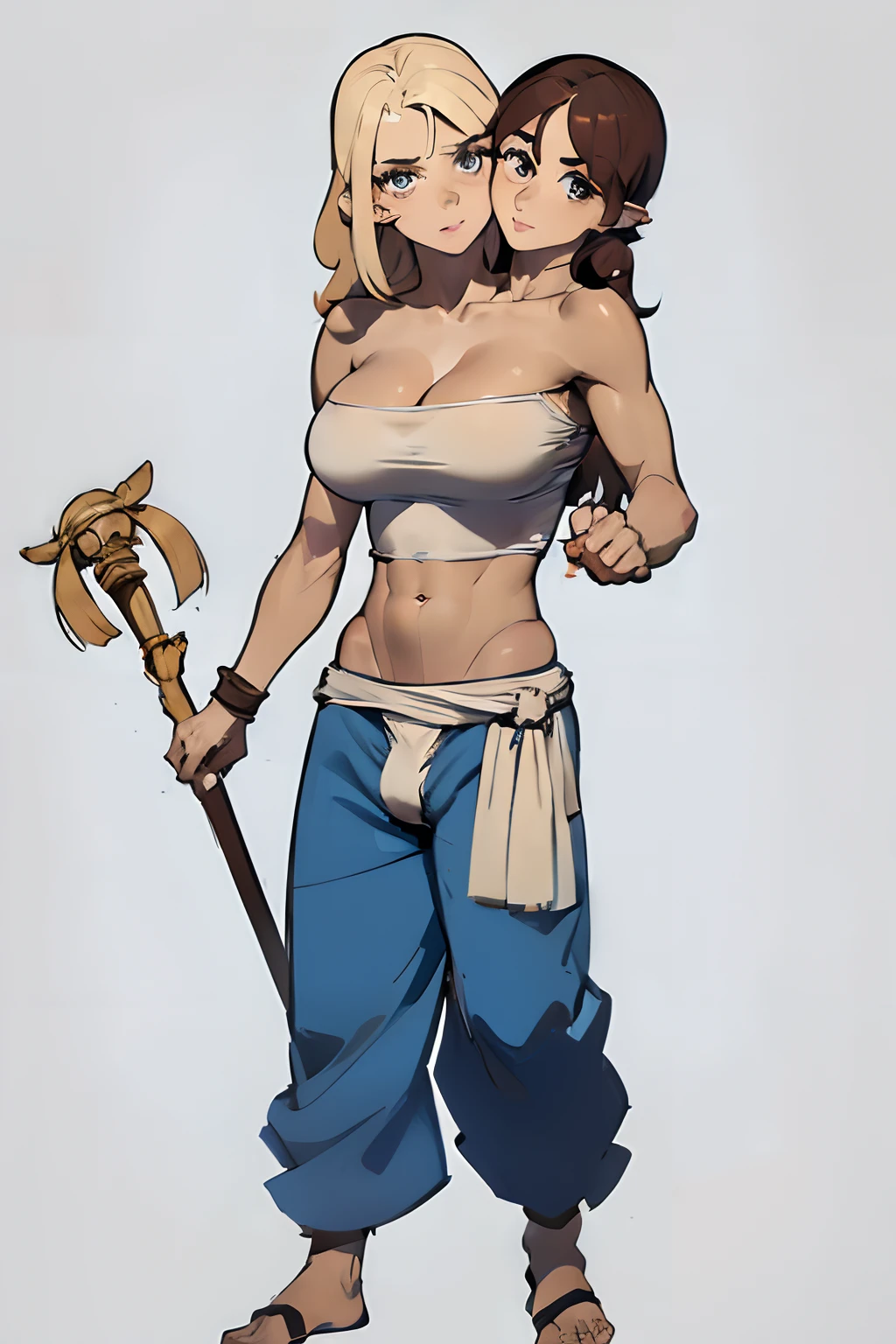 ((2heads:1.5)),1man,masterpiece, 40 years old, best quality, tsharuna, green ((2heads)),skin, no facial hair, no body hair, wide shoulders, chubby, speedo,((big bulge)),crop top, sarong, torn clothes, bare shoulders, large breasts, full body, primitive village, forest, looking at viewer, walking pose, white skin, talking, long flowing brown hair, short unkempt blonde hair, blue eyes, brown eyes, holding a staff