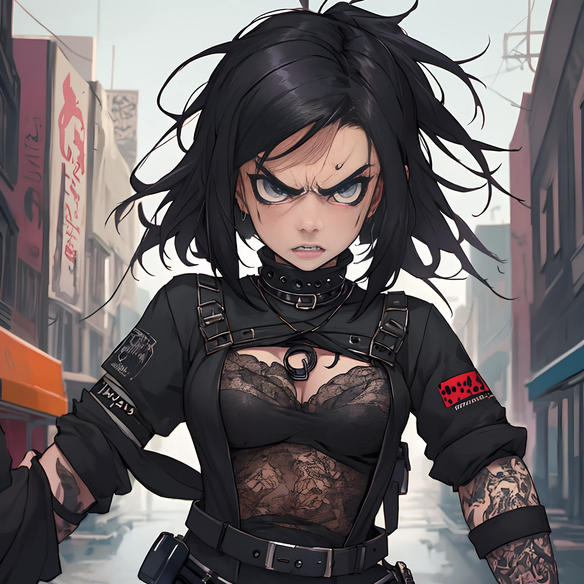 Camera focused on hot, angry, goth girl in cyperpunk city