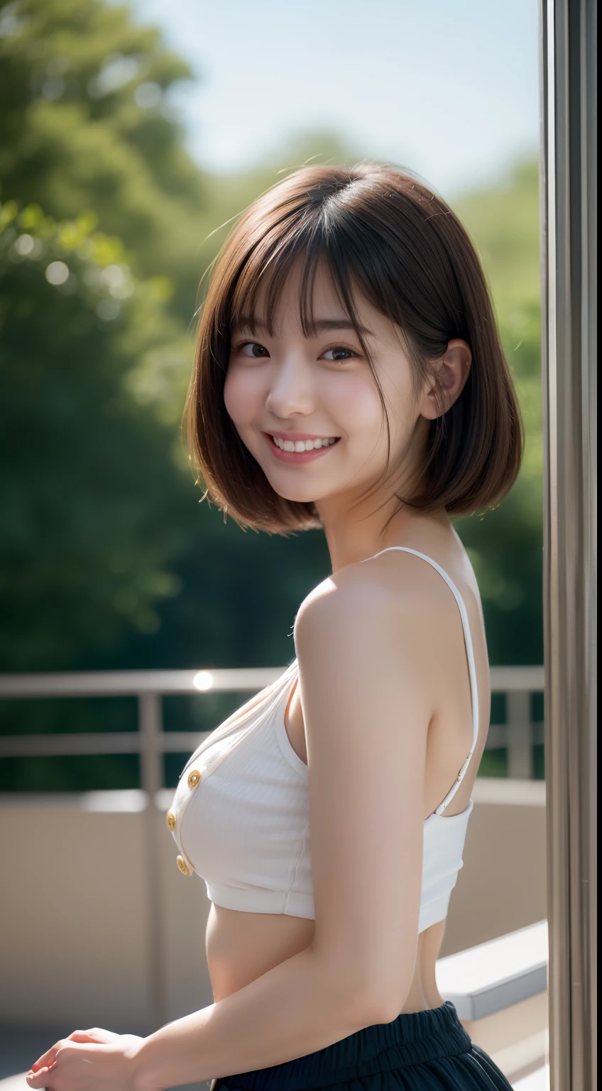 Enhanced dynamic perspective,Cute cute beautiful girl,Tube Top,Short pants、Look at me and smile,simple backgound,Works of masters,high quarity,4K resolution,super-fine,Detailed pubic hair,acurate,Cinematic lighting,Leaves the original facial proportions、(large full breasts)、((buttonGap))