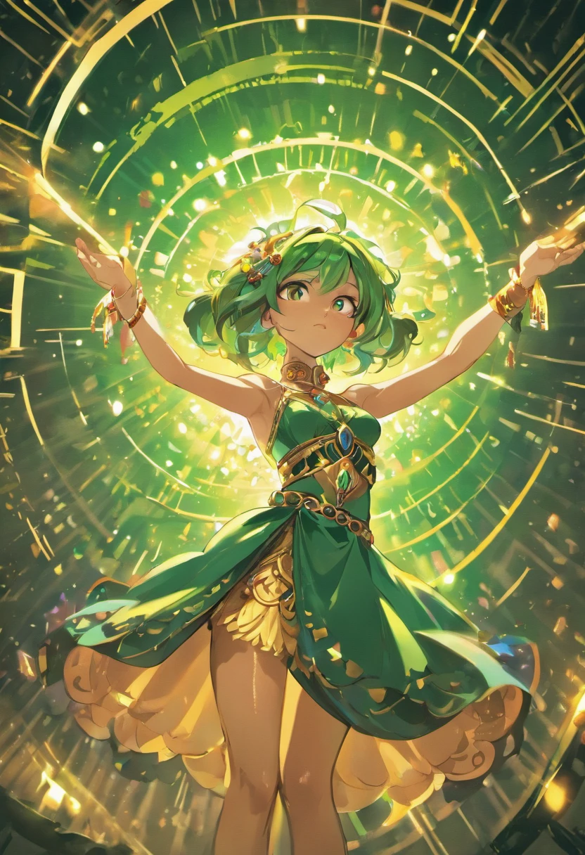 "(best quality,ultra-detalhado,Realistic:1.37),3D rendering,illustration,design de personagens, mulher de cabelos pretos lisos e bem compridos, Green Eyes Egyptian Style Makeup, rosto delicado, Wearing beautiful belly dancing costume in black color with green beads, Wearing gold jewelry with emeralds. Estilo Pixar. mulher,Dancing on the Disney stage,atmosfera animada,vivid colors,luzes de palco,expression joyful"