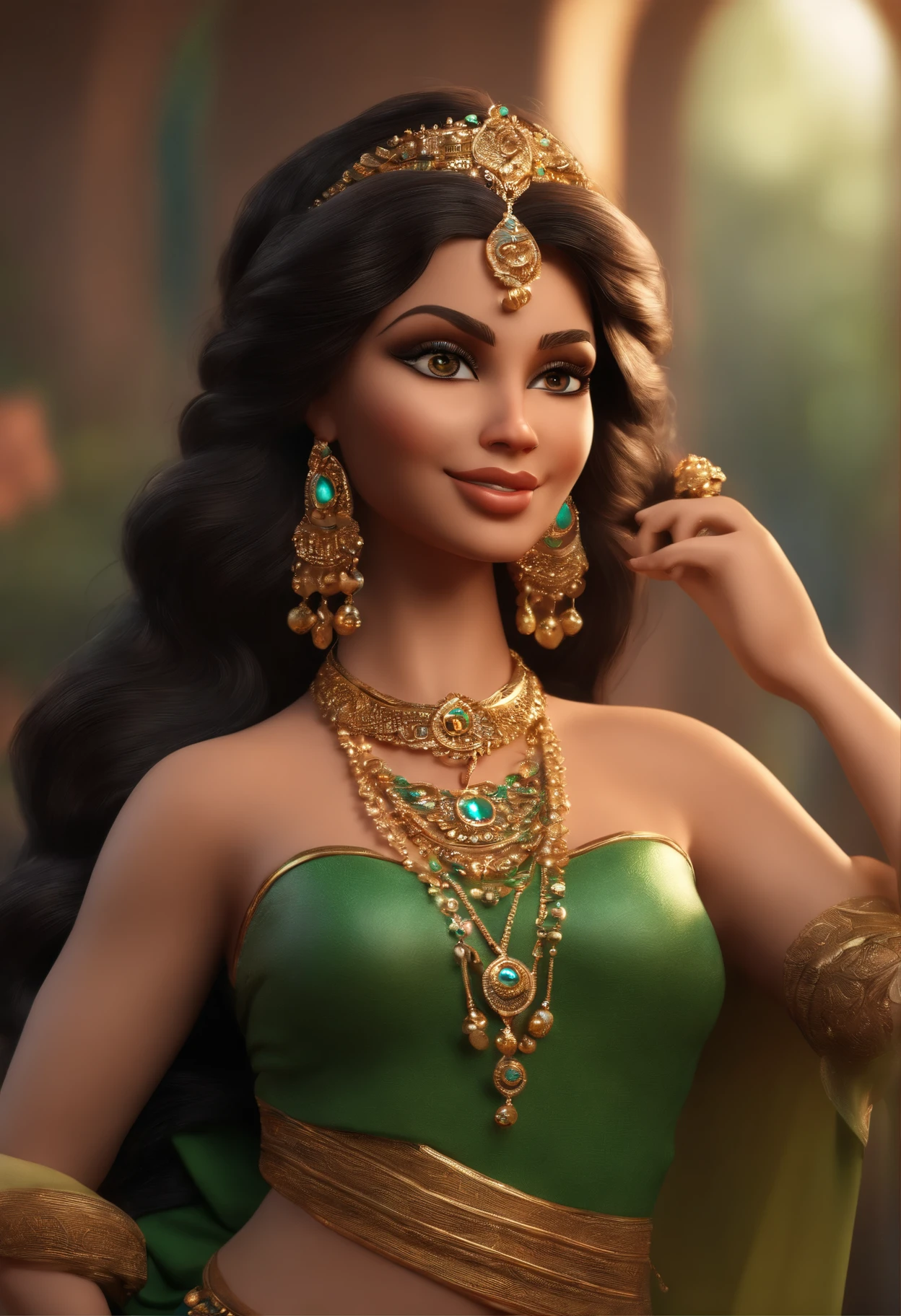 personagem dos desenhos animados de uma mulher cabelos longos, pretos e lisos, Luxurious Belly Dance Costume , olhos verdes pele bem clara,  rosto delicado, Animation Character, Caractere estilizado, animation style rendering, 3D estilizado, Arnold Maya render, 3 d render stylized, toon render keyshot, Personagem 3D, Personagem 3D, 3d rendering stylized, 3 d character render, personagem de desenho animado, Personagem de close up, Pose de personagem,  (Estilo Pixar) (master part:1.2) (Bokeh) (best quality) (pele detalhada) (textura detalhada) (8k) (argila) (Cinematic lighting) (foco nítido