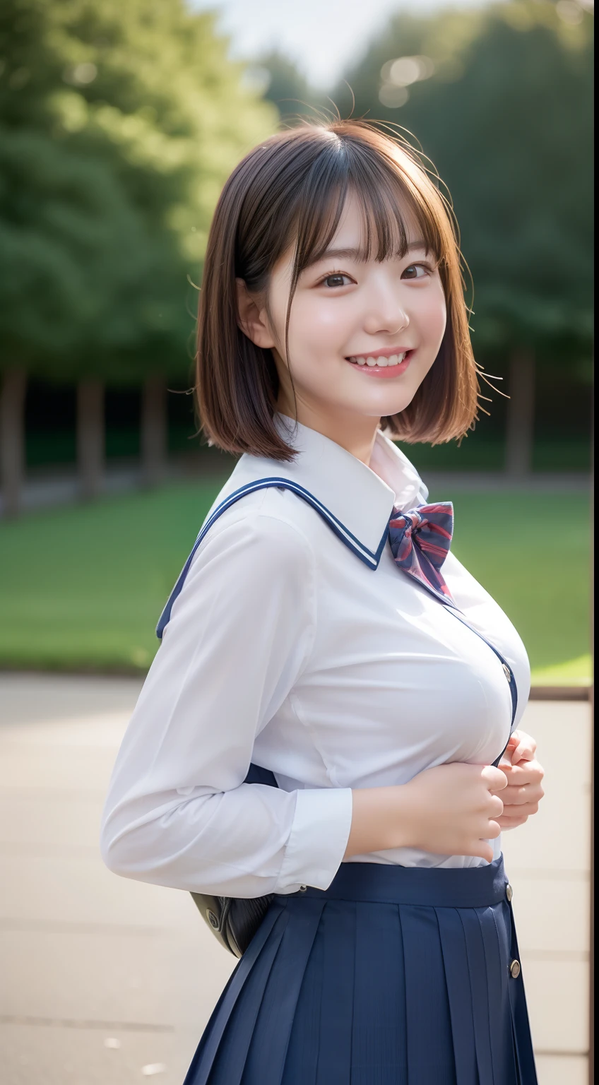 Enhanced dynamic perspective，Cute cute beautiful girl，JK school uniform，Look at me and smile，simple backgound，Works of masters，high quarity，4K resolution，super-fine，Detailed pubic hair，acurate，Cinematic lighting，Leaves the original facial proportions、(large full breasts)、((buttonGap))