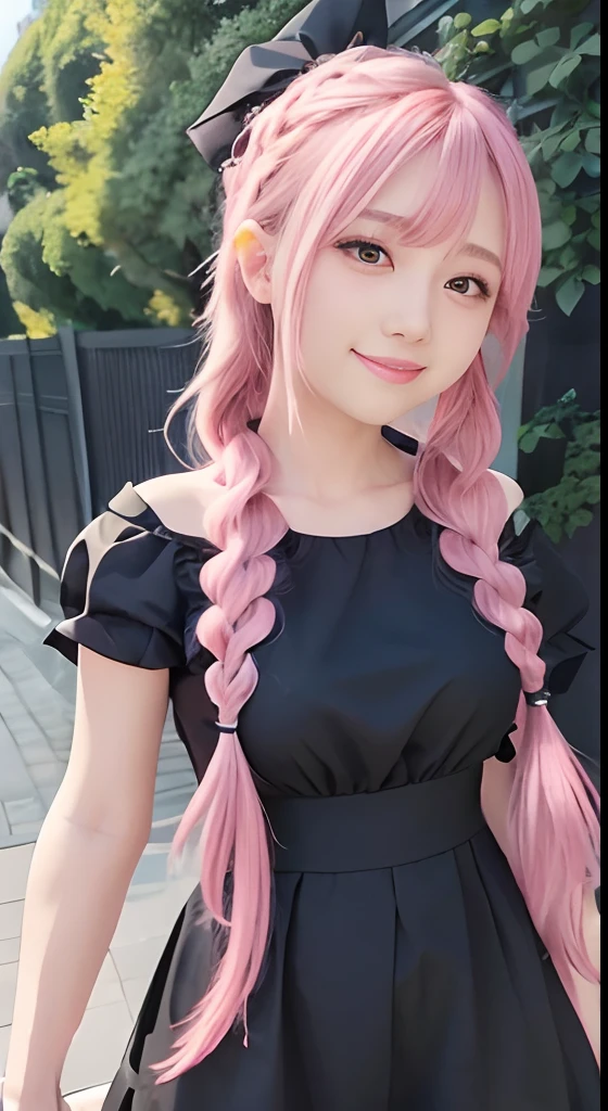 anime girl with long hair and black dress posing for picture、(A smile:1.5)、sayori, Anime visuals of cute girls, anime moe art style, loli in dress, anime girl wearing a black dress, pretty anime girl, (Anime Girl), Cute anime girl, Cute anime waifu in a nice dress, charming anime girls, Beautiful anime girl, Rin, Smooth Anime CG Art、(Pink hair), Ear Hair, small tits, Single braid, (Single braid), (Side braid)