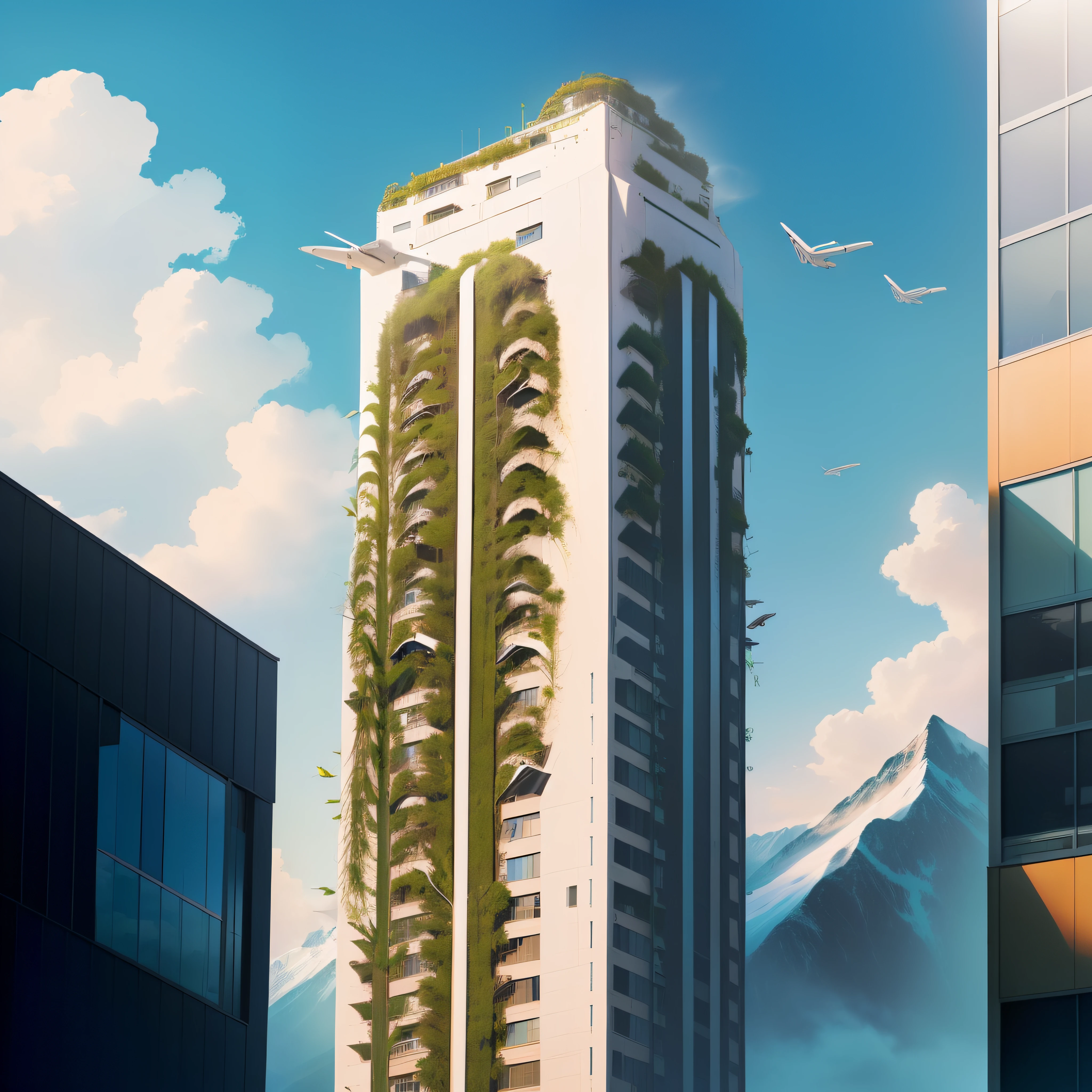 plant growing on a building that could fly like a plane near mountains