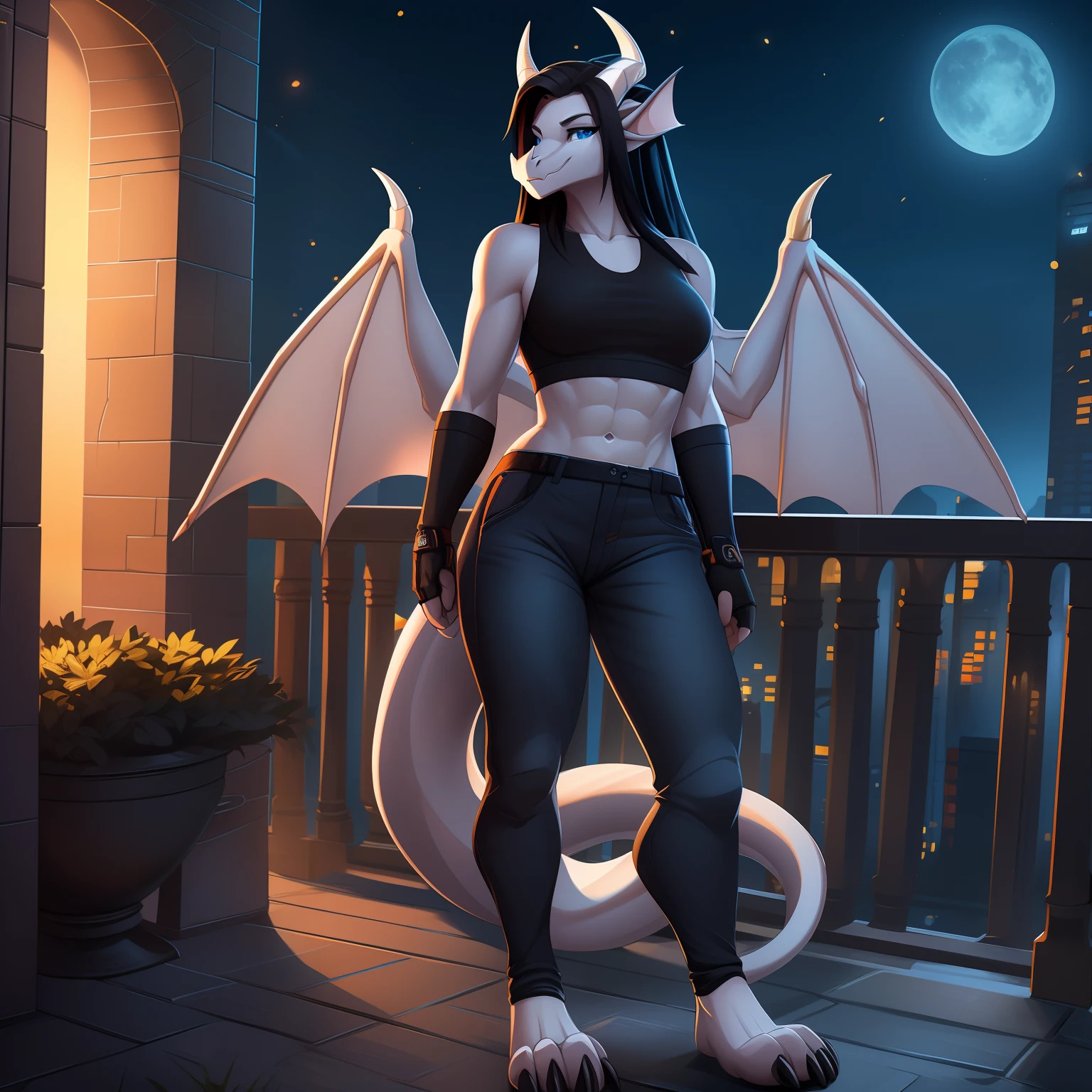 (masterpiece, best quality, high quality), extremely detailed, dark lighting, female, toned body, dragon, white body, smooth skin, anthro legs, tone body, curvy, (dragon face), (dragon feet), (toe claw), dragon wings, black spikes, blue eyes, (detailed eyes), dragon horns, (dragon tail), (topwear: black crop-top, handware: fingerless gloves, bottomwear: tight jeans))), beautiful, ((mouth closed)), long black hair, has hair, standing outside a balcony, holding_sword