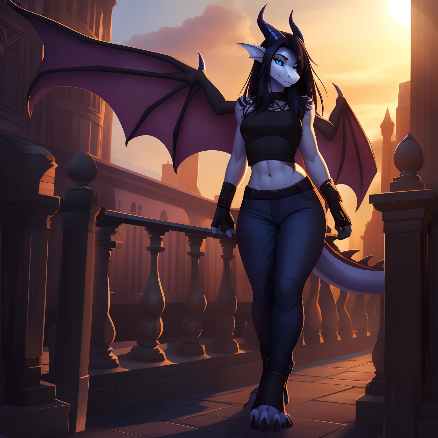 (masterpiece, best quality, high quality), extremely detailed, dark lighting, female, toned body, dragon, white body, smooth skin, anthro legs, tone body, curvy, (dragon face), (dragon feet), (toe claw), dragon wings, black spikes, blue eyes, (detailed eyes), dragon horns, (dragon tail), (topwear: black crop-top, handware: fingerless gloves, bottomwear: tight jeans))), beautiful, ((mouth closed)), long black hair, has hair, standing outside a balcony, holding_sword