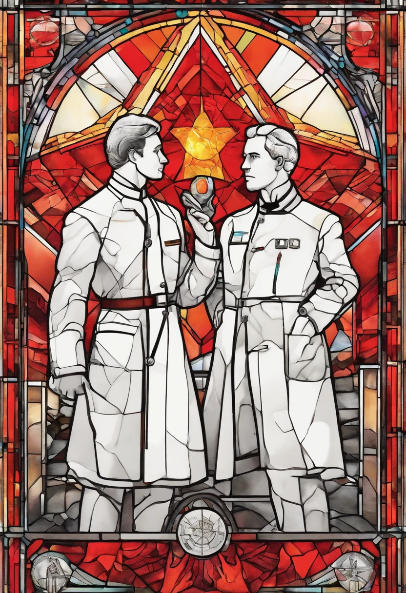 Scientists in science coats turn their backs to us,looking at the stars,hard core,Technologie,Red monochrome,USSR Poster,urss,Communism