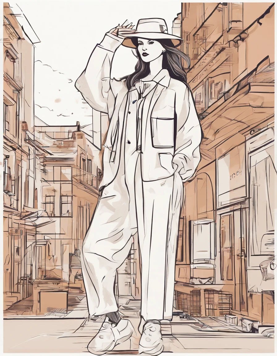 Costume planning theme returns to autumn and winter dust，style of: The simplicity of the city, Old money style, Reference Brand TEME 2023. Moya Seoul 2023 Colors: peach, Amber Brown, Orange-yellow details: The top is smart，Casual culottes with loose straps，White shirt material: Linen, cotton, Silk, Fleece, Full-body front design