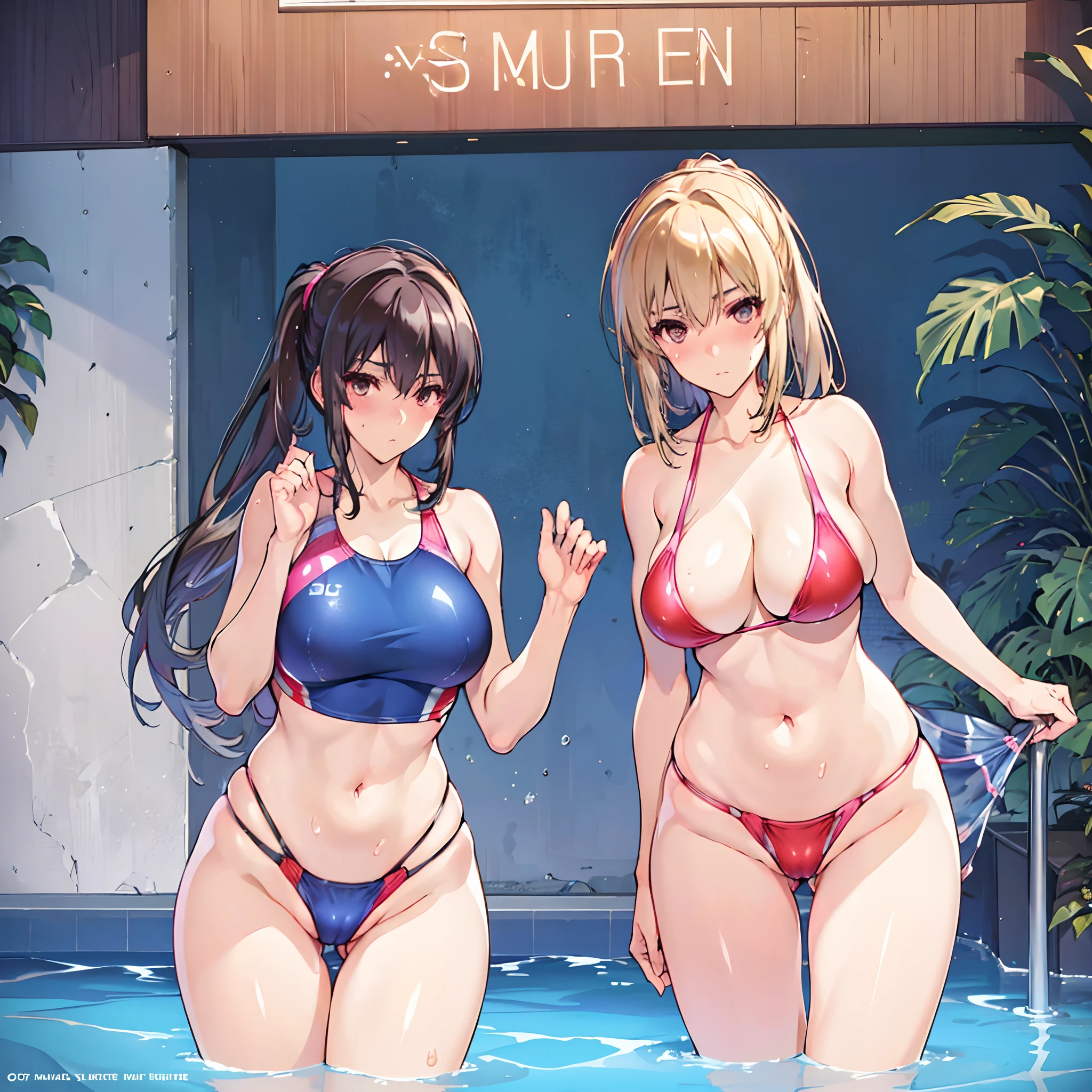 (slanted eye),((competition swim suit)),(A MILF), (((maturefemale,Adult Woman))),masuter piece, of the highest quality, ultra-definition, max resolution, A highly detailed, Extremely sexy,Large breasts,high legs,blush,Bare legs,cleavage,((groin)),Cameltoe,Pony tail,in poolside,Ass,Slender lower body