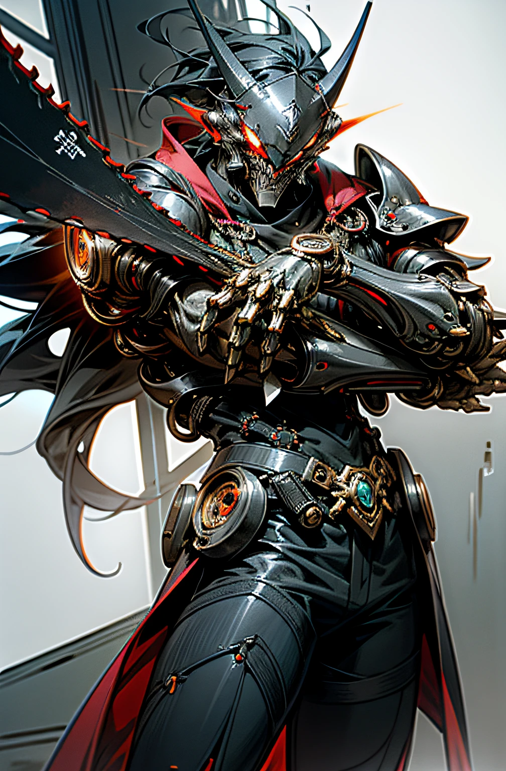 Dark_fantasy,Cyberpunk,(chainsaw,chainsawman,Red:1.1),1人,Mechanical Wonder,Robotic presence,cybernetic guardians,A demon in black armor,Black flame,iintricate,Black titanium,ellegance,Clear focus,Photo by Greg Rutkowski,gentlesoftlighting,vivd colour,tmasterpiece,((the street)),cow boy shot,dynamicposes,
