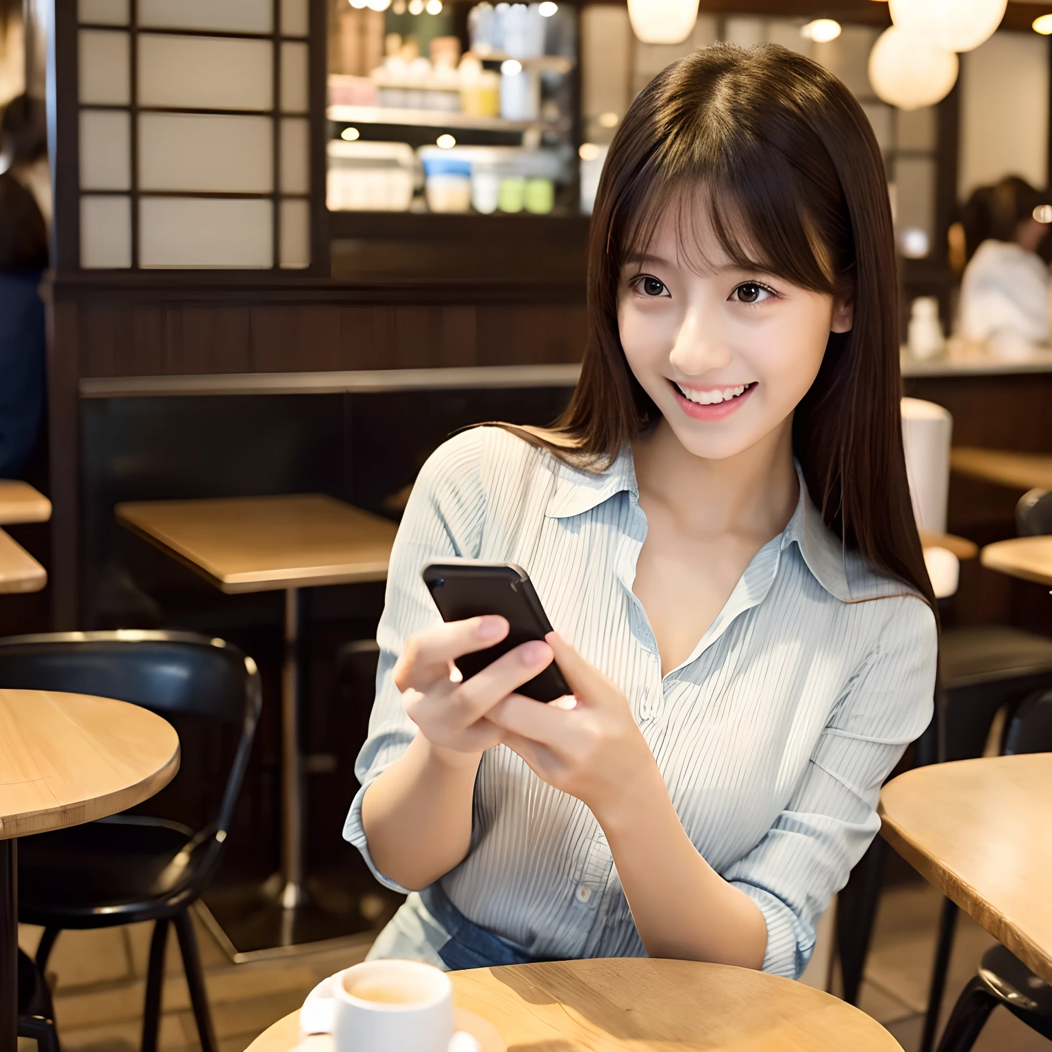 An ultra-high picture quality、Natural brightness、Young beautiful girl in Japan looking at mobile phone screen、a beauty girl、surprised expression、Take a seat in a café、Straight long hair、neat and clean clothes、Beautiful skin quality、amazed