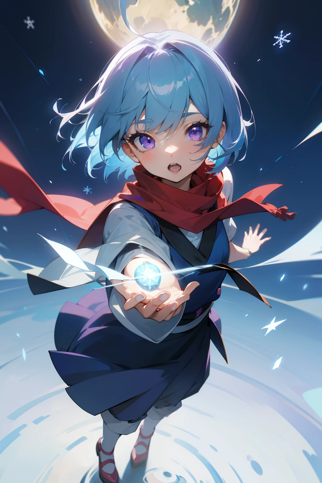 animesque、Komyoji Koiōhō Project、Touhou Project、full body Esbian、front-facing view、is standing、girl with、femele、年轻、20yr old、short-hair、bob cuts、bangss、hair between eye、Hair on the shoulders、Hair intake、Blue and light blue hair、Blue and light blue hair、shinny hair、Detailed cute anime face of snowflake、pondering、Bright eye、Slightly open mouth、Purple eyes、Purple eyes、de pele branca、red scarf、Black pants、校服、white footwear、Light blue clothes、outside of house、a moon、Beautiful blue sky and white clouds、very fine 8KCG wallpaper、Reference Sheet、ultra-detailliert、Highly detailed CG Unity 8K、Extremely fine、wall-paper、pronpt、top-quality、masterpiece、超A high resolution、8K分辨率、 8K Wallpapers、best light、The dynamic lighting is cute、Lori、Cute、cute 、a babyailed skin、A detailed face、delicated facial features、Smaller face、big eye