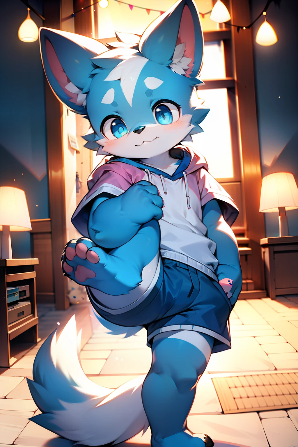 Masterpiece, high quality, absurd resolution, digital painting \ (artwork \), dagasi, yupa, kiyosan, (fluffy fur: 1.1), (brightness: 0.8), anthro male cat. (orange eyes, gray-blue fur, full body fur, cat nose: 1.2), bright eyes, panorama, character focus. Detailed background, (no top, bottomless, basketball socks, basketball shoes, sweat, chastity lock: 1.2), (indoor: 1.2)