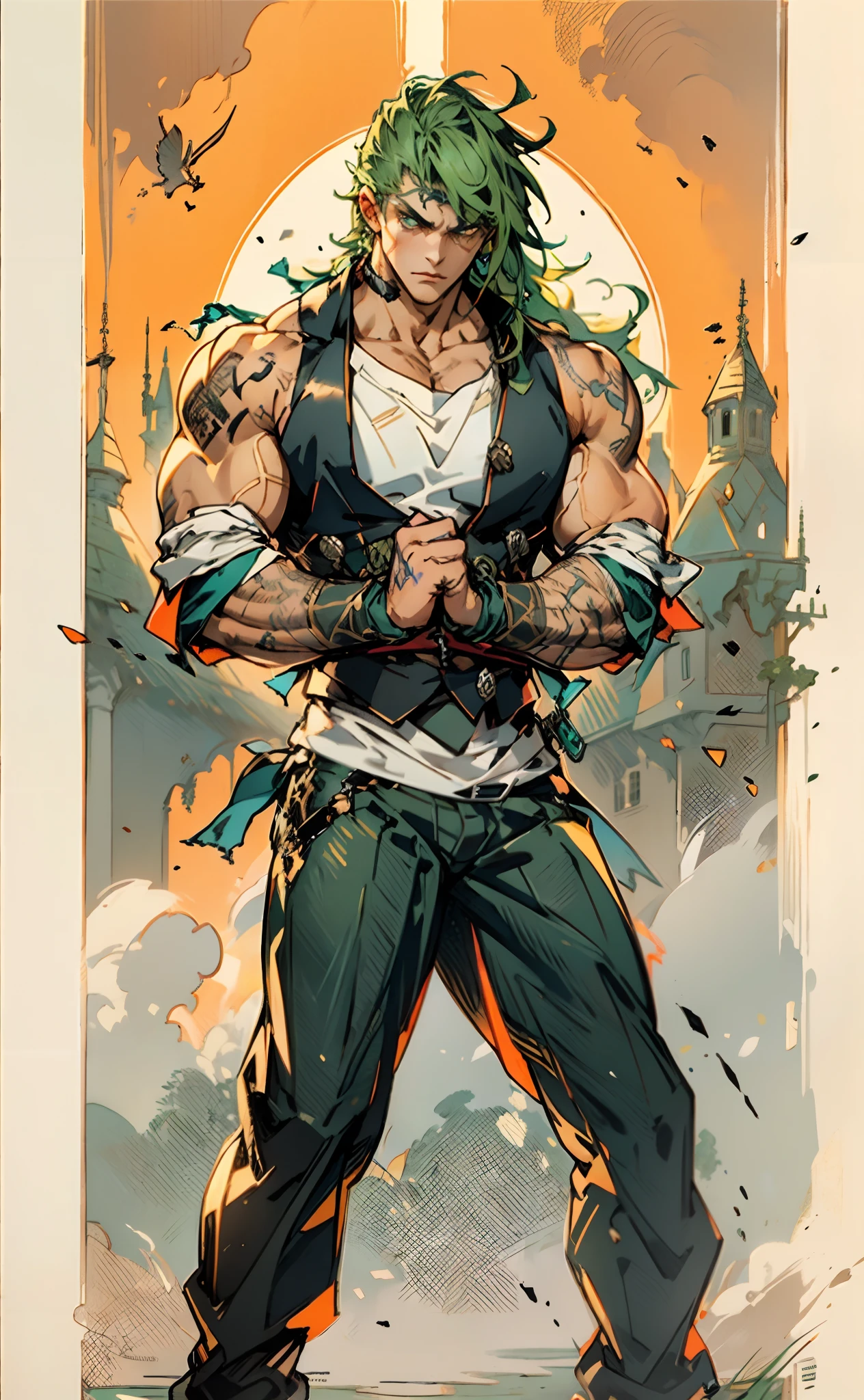 A young man, long orange-green hair, with the lengthy hair bangs covering most of his face, revealing a fierce gaze, a red stripe on the side of his face, a loose and simple sleeveless dark vest, exposing his sturdy muscles, wearing fabric wrist guards, coarse cloth trousers matching the outfit, he clenches his fists in front of his chest, assuming a combat-ready stance, the backdrop features a bustling market in a medieval fantasy-style setting, this character embodies a finely crafted fantasy-style street thug in anime style, characterized by an exquisite and mature manga illustration art style, full body character drawing, high definition, best quality, highres, ultra-detailed, ultra-fine painting, extremely delicate, professional, anatomically correct, symmetrical face, extremely detailed eyes and face, high quality eyes, creativity, RAW photo, UHD, 8k, Natural light, cinematic lighting, masterpiece-anatomy-perfect, masterpiece:1.5