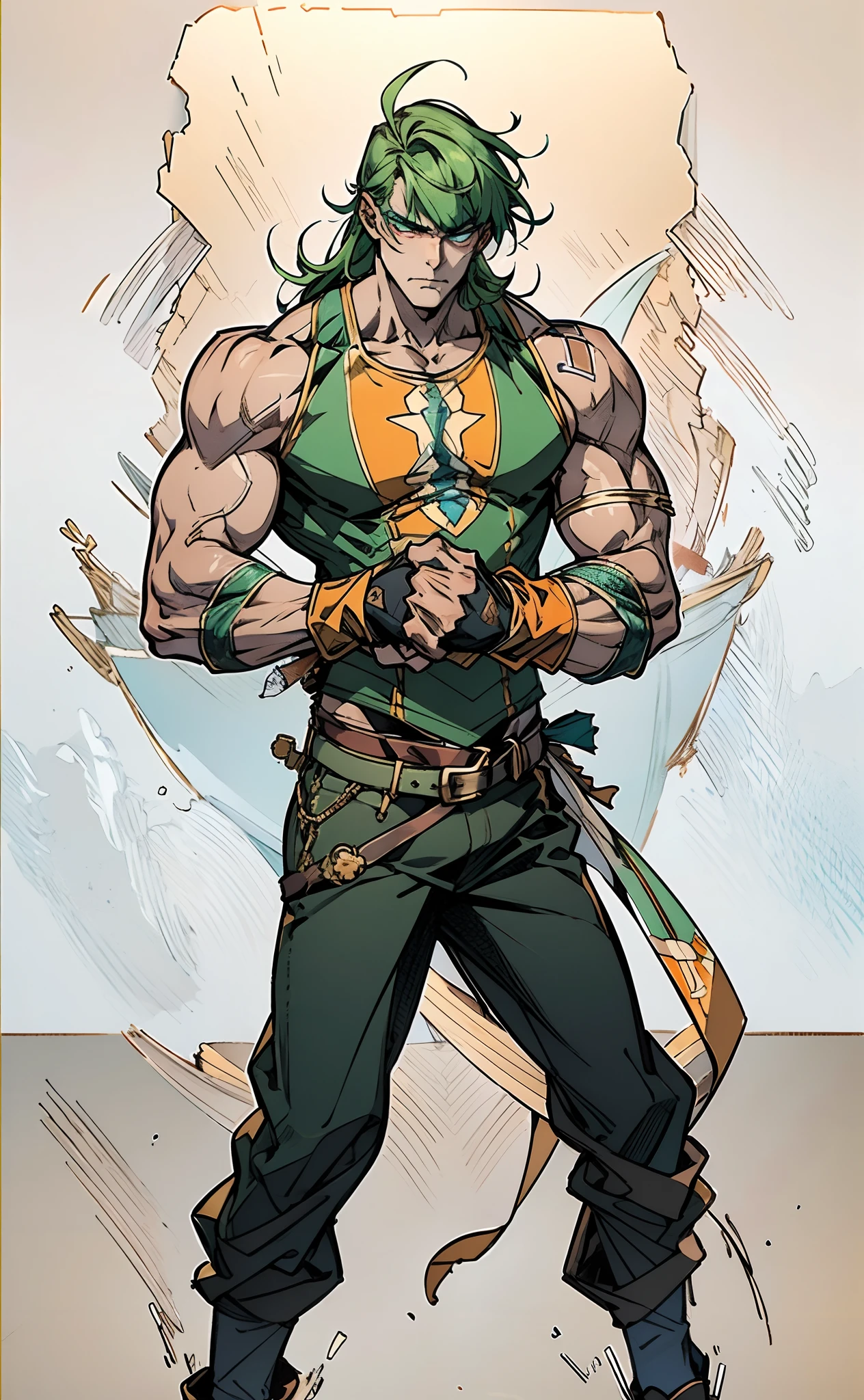 A young man, long orange-green hair, with the lengthy hair bangs covering most of his face, revealing a fierce gaze, a red stripe on the side of his face, a loose and simple sleeveless dark vest, exposing his sturdy muscles, wearing fabric wrist guards, coarse cloth trousers matching the outfit, he clenches his fists in front of his chest, assuming a combat-ready stance, the backdrop features a bustling market in a medieval fantasy-style setting, this character embodies a finely crafted fantasy-style street thug in anime style, characterized by an exquisite and mature manga illustration art style, full body character drawing, high definition, best quality, highres, ultra-detailed, ultra-fine painting, extremely delicate, professional, anatomically correct, symmetrical face, extremely detailed eyes and face, high quality eyes, creativity, RAW photo, UHD, 8k, Natural light, cinematic lighting, masterpiece-anatomy-perfect, masterpiece:1.5