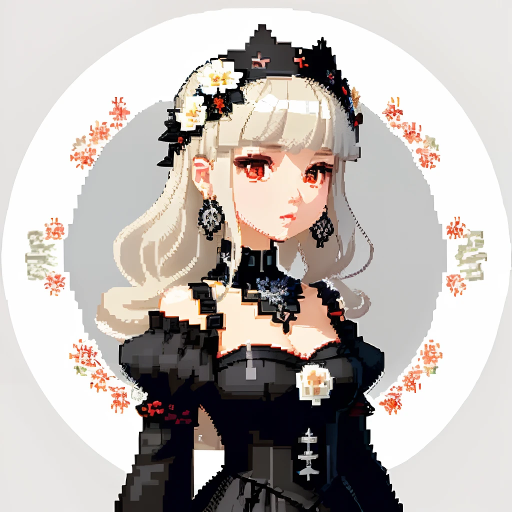 She was dressed like an ornate jewel,large earring、Lots of flowers、 Gothic White、Colorful Floral Decoration Costume、Girl with dull grey long S-shaped curls、Look back and look at this.、Pixel art、Pixel Art Illustration、pixels、Plain background、Upper body、For icons、pixels_Art Book,Composition centered on the face、Black lily flower headdress、Katyusha、pixels、Game-style illustration、Pixel art、pixels、without background、The background is one color beige、pixels、Large anemone flower ornament、Loose fluffy、White background、Gothic fashion、simple background、