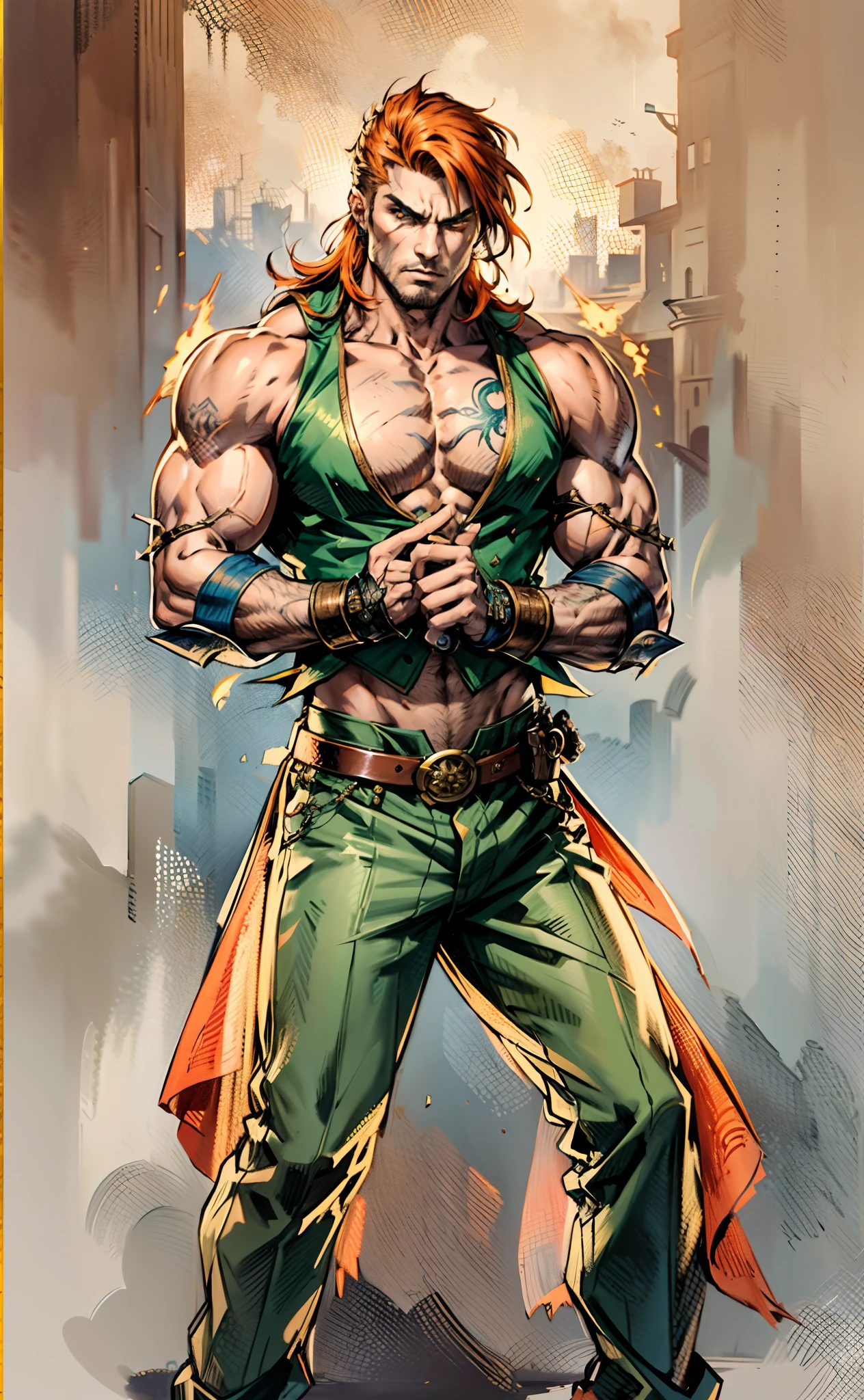 A young man, long orange-green hair, with the lengthy hair bangs covering most of his face, revealing a fierce gaze, a red stripe on the side of his face, a loose and simple sleeveless dark vest, exposing his sturdy muscles, wearing fabric wrist guards, coarse cloth trousers matching the outfit, he clenches his fists in front of his chest, assuming a combat-ready stance, the backdrop features a bustling market in a medieval fantasy-style setting, this character embodies a finely crafted fantasy-style street thug in anime style, characterized by an exquisite and mature manga illustration art style, full body character drawing, high definition, best quality, highres, ultra-detailed, ultra-fine painting, extremely delicate, professional, anatomically correct, symmetrical face, extremely detailed eyes and face, high quality eyes, creativity, RAW photo, UHD, 8k, Natural light, cinematic lighting, masterpiece-anatomy-perfect, masterpiece:1.5