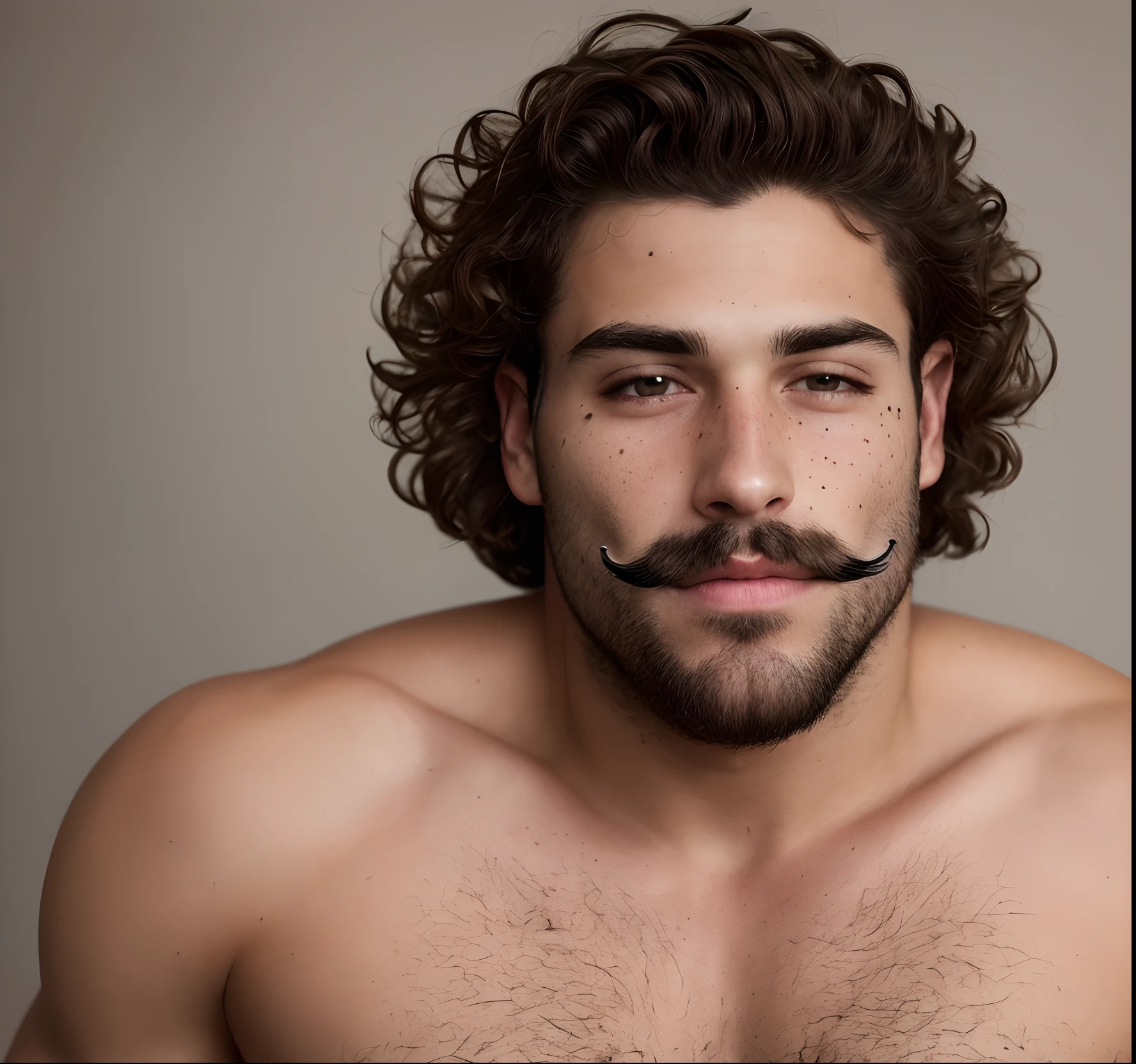 italian male, strong athletic build, curly brown hair, dark brown eyes, freckles, slight beard and mustache, beauty mark under his right eye along with other beauty marks here and there around his body.