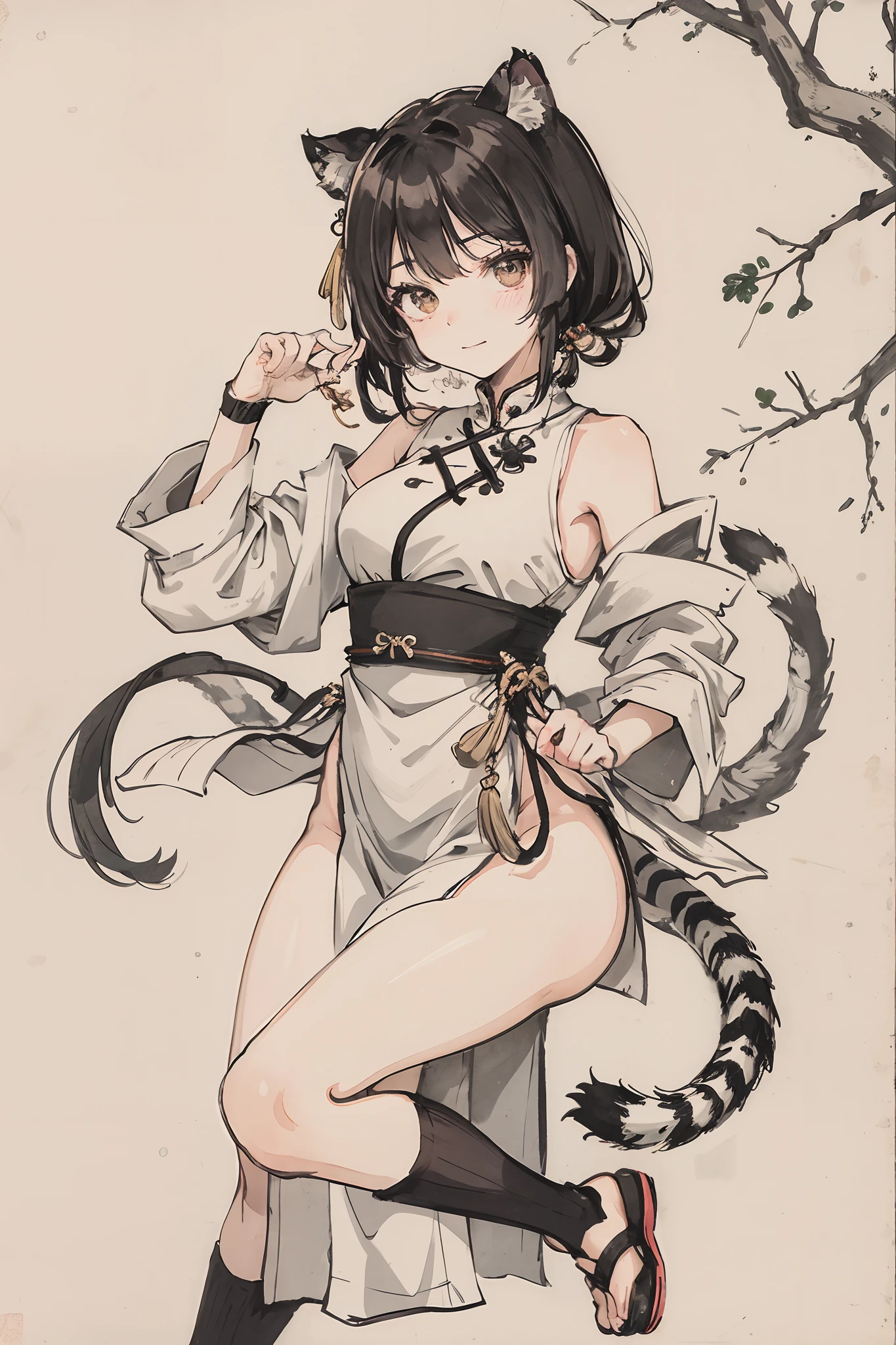 sparrow, chinese armor, black hair, cat ears, , girl, medium breast, slim, 1 girl, tiger tail, qipao