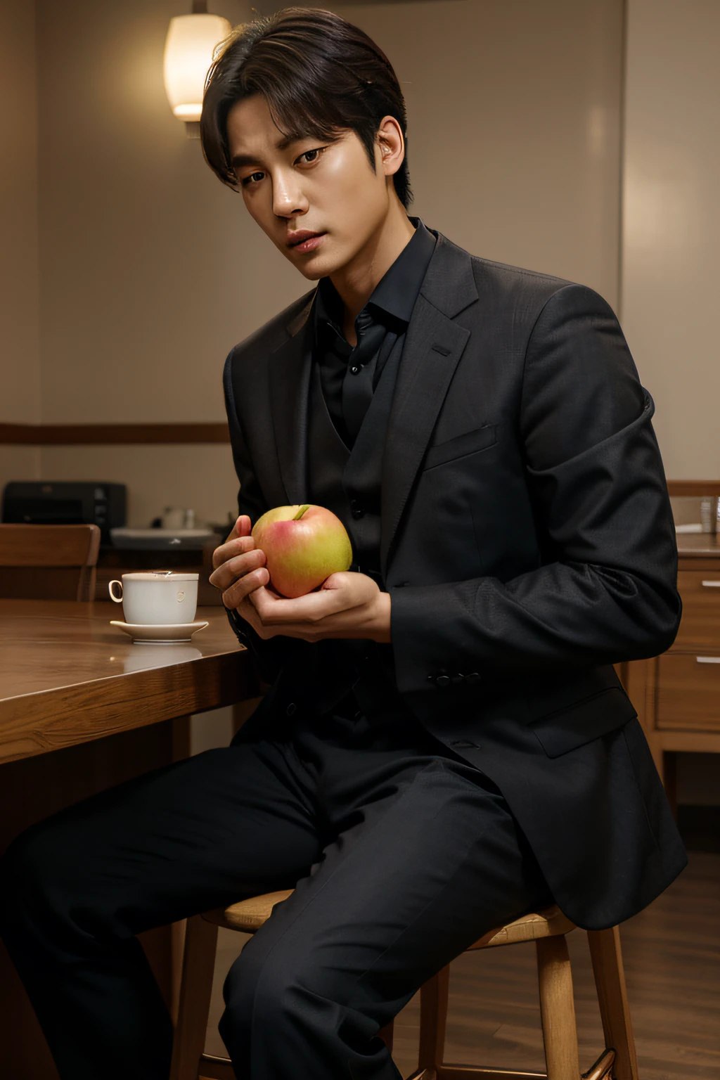 Wear a suit,The Alafidian man sat on a stool,Holding an apple in your hand, seseon yoon, hyung tae, Shin Jung-ho, sangsoo jeong, korean artist, hyung tae kim, hyung-tae kim, hyung - tae kim, Zhongyuan Zheng Lei, joongwon jeong, jin kim, hong june hyung, Kim Tae-joon, sun-hyuk kim, john park