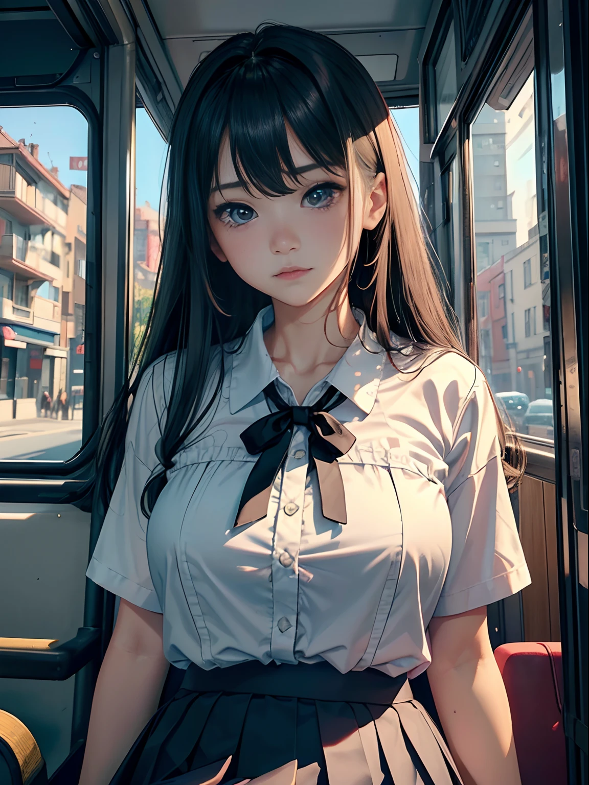 A girl、(masterpiece:1.4)、(in 8K、realisitic、Raw photo、top-quality:1.4)、(Real Face:1.4)、(real looking skin:1.3)、超A high resolution、A hyper-realistic、Eyes in Beautiful Details、Golden Long Hair、耳环、White collared shirt、no-bra、Dark blue pleated skirt、(huge-breasted:1.5)、gargantilha、Blushing、alluring face、troubled look、On the bus、to stand