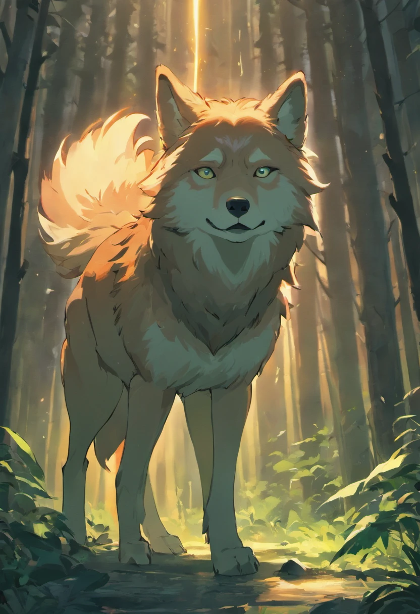 A majestic wild wolf standing in its natural habitat, showing its powerful presence and vibrant coating.