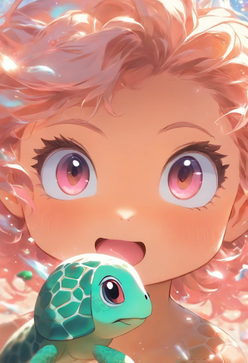 whaite hair,Semi-long,The eyes are pink,Cute Baby Turtle,Girl vs,angelicales,