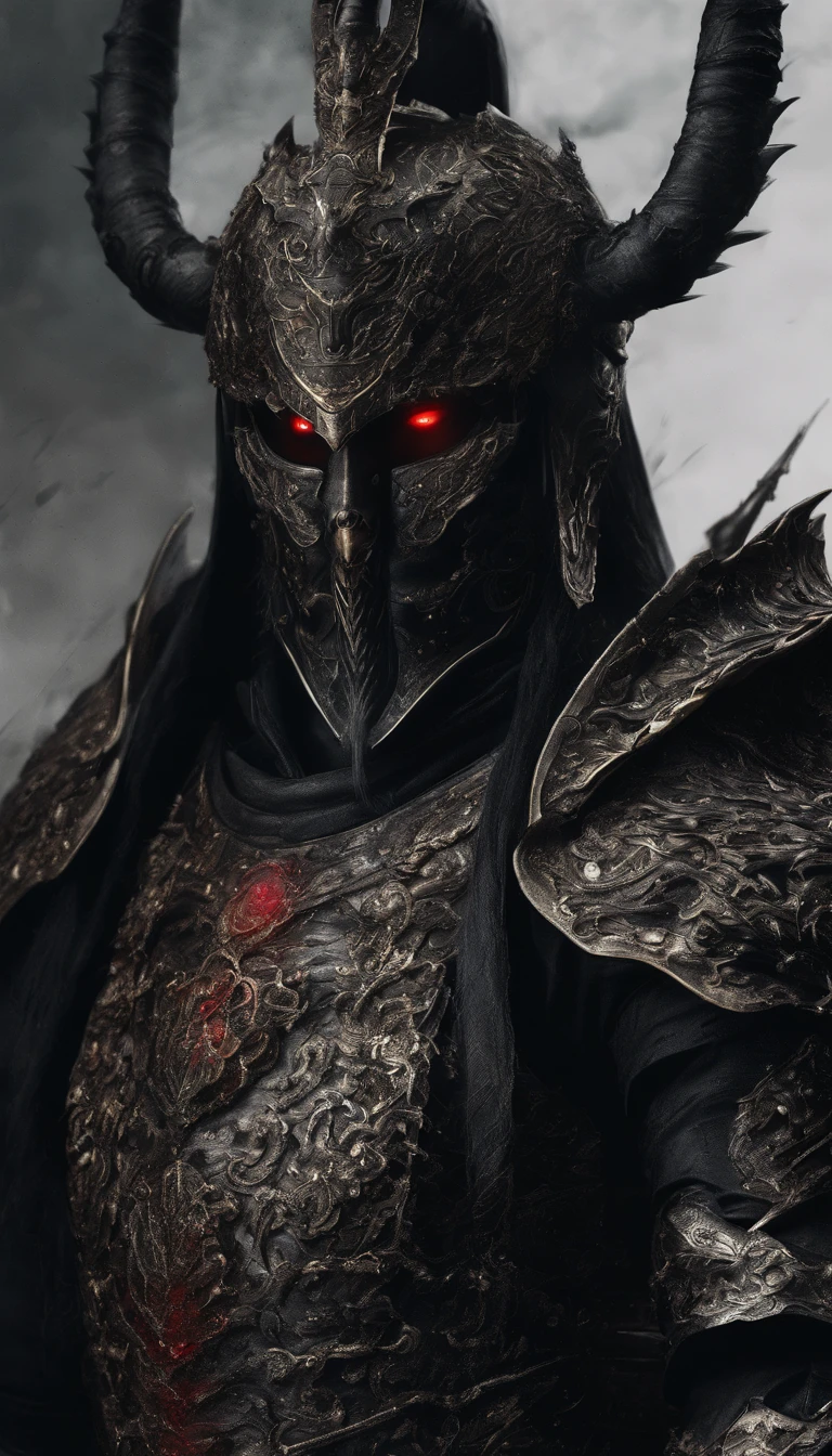 warrior, concept-art, author：Kishiganku, Fantasy art, battleground background, clean render, a horned, Wear a suit of armor, Detailed bushido form smoke, helmet of a forgotten deity, character is standing, 8k Realistic, in game render, detailed face background detail, Art station front page, taur, Pseudo-medieval fantasy, A deity wearing koi armor, Detailed titanium steel armor, Black titanium steel armor, Etched armor, Obsidian armor, Light gold armor, Gorgeous filigree armor, A demonic warrior, Gorgeous armor full of thorns, Intricate assasin armor, Intricate metal armor, powerful warrior, Dressed in gorgeous black armor，Decorated with intricate patterns, The helmet has a large crown and two horns,Glowing red eyes， Everything is in the dark, The smoky background alludes to battle scenes, Add an ominous aura to his character，submission, Full body shot.