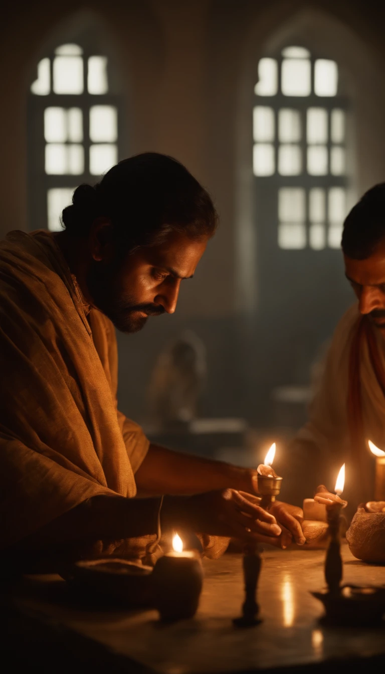ancient indian doctors operating operation in a ancient hospital with ancient tools , candles ,