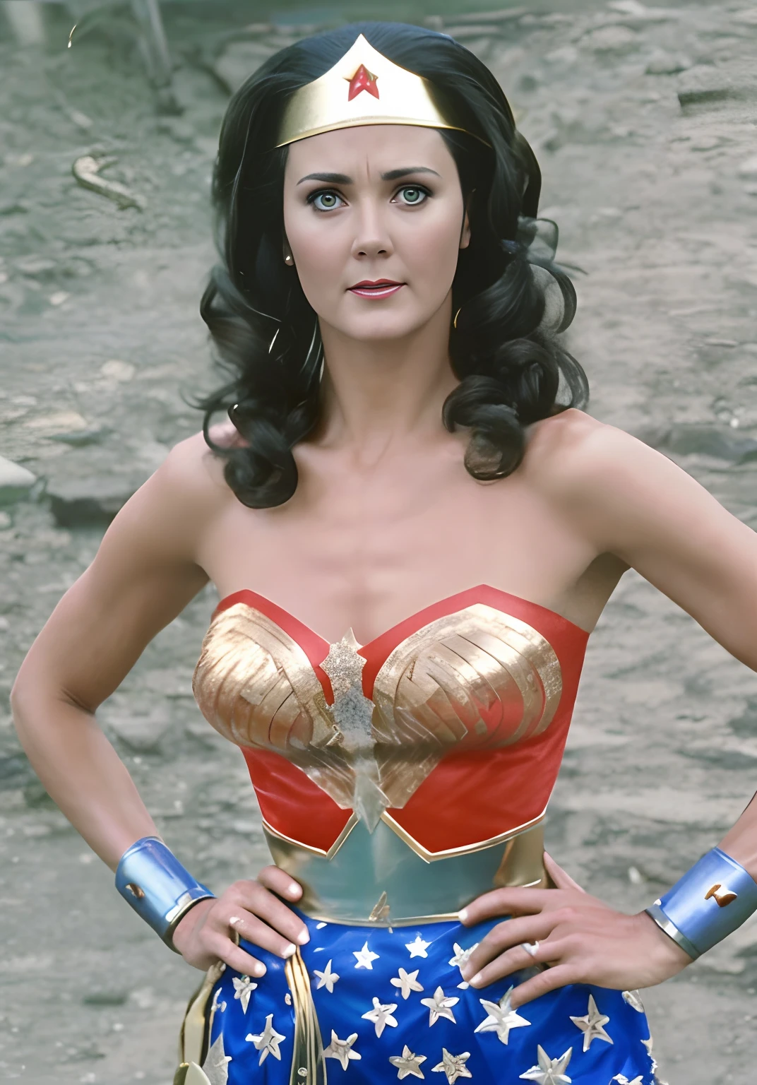 『top-quality』、『Linda Carter』、『Wonder woman』、『The costume is made of shiny satin fabric』The arm bracelet is made of metal　、『The chest of the costume is embroidered with sparkling gold:1.3』