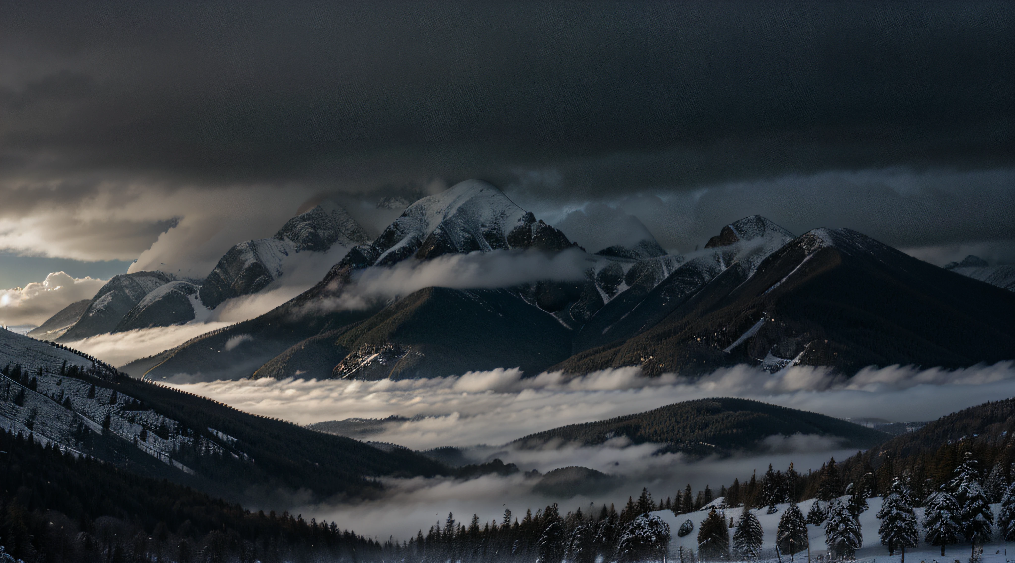 a foggy dark forest and mountains with cloudy weather, wider view, high details, and little snowy on the mountains