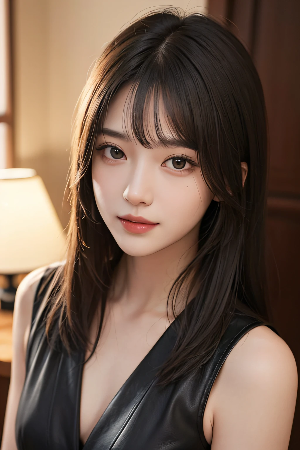 masterpiece、The highest image quality、hightquality、Beautuful Women、japanes、Popular Korean Makeup、detaileds、Swollen eyes、A detailed eye、Detailed skin、Beautiful skins、超A high resolution、(Realistis:1.4)、very extremely beautiful、Slightly younger face、Beautiful skins、Thin、(A hyper-realistic)、(illustratio)、(hight resolution)、(8K)、(ighly detailed)(The best illustrations)、(beautifully detailed eyes)、(ultra-detailliert)、(wall-paper)、(详细的脸)、looking at the viewers、fine detailed、 A detailed face、pureerosfaceace_v1、A smile、Looking straight ahead、Looking straight ahead、angle from waist up、photos realistic、Bright lighting、profetional lighting、A dark-haired(Part of the hair is green)、length hair、Black Leather Gothic Dress、a matural female、long stylish bangs、