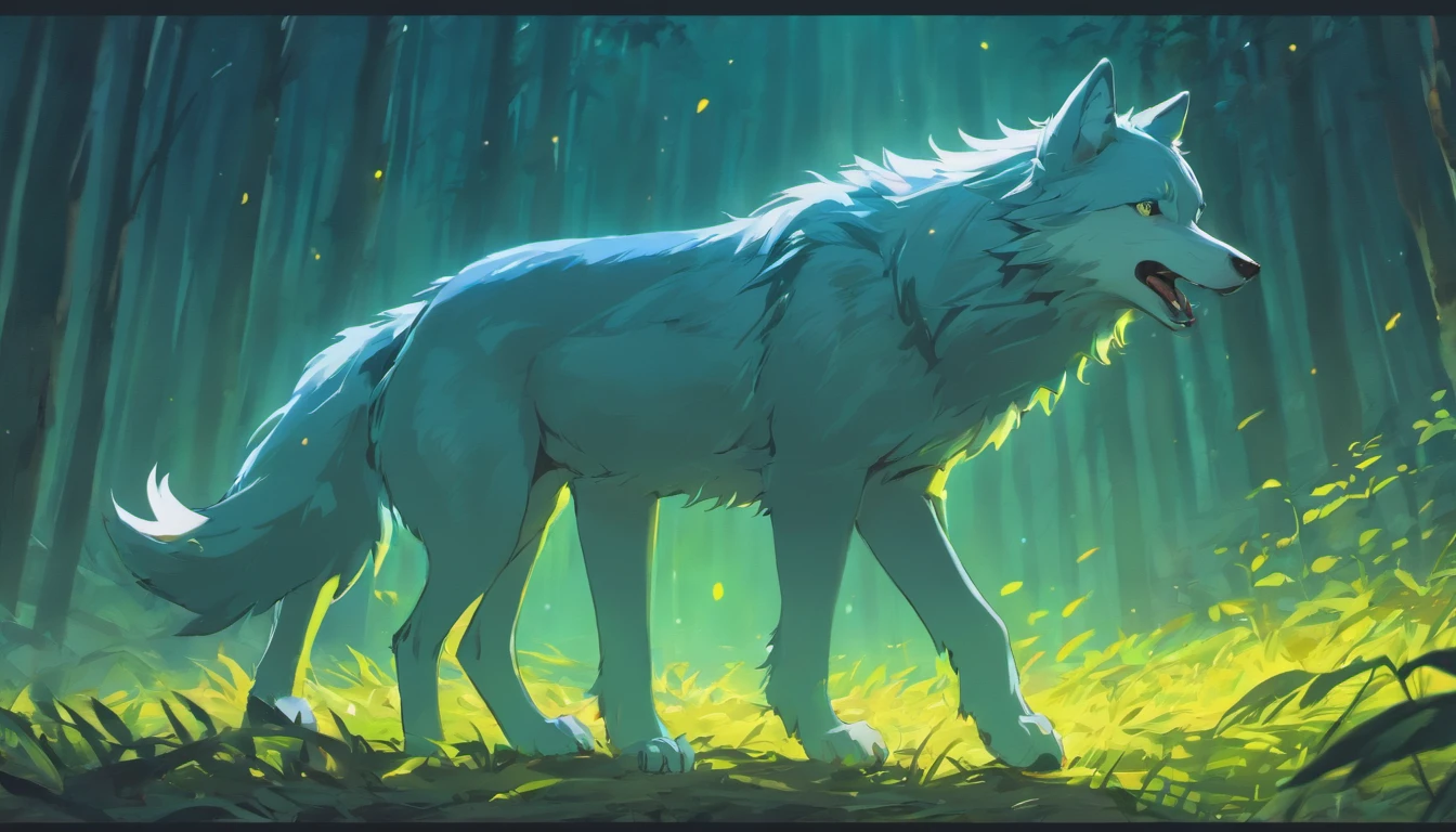 A majestic wild wolf standing in its natural habitat, side view, showing its powerful presence and vibrant coating. howling at the moon.