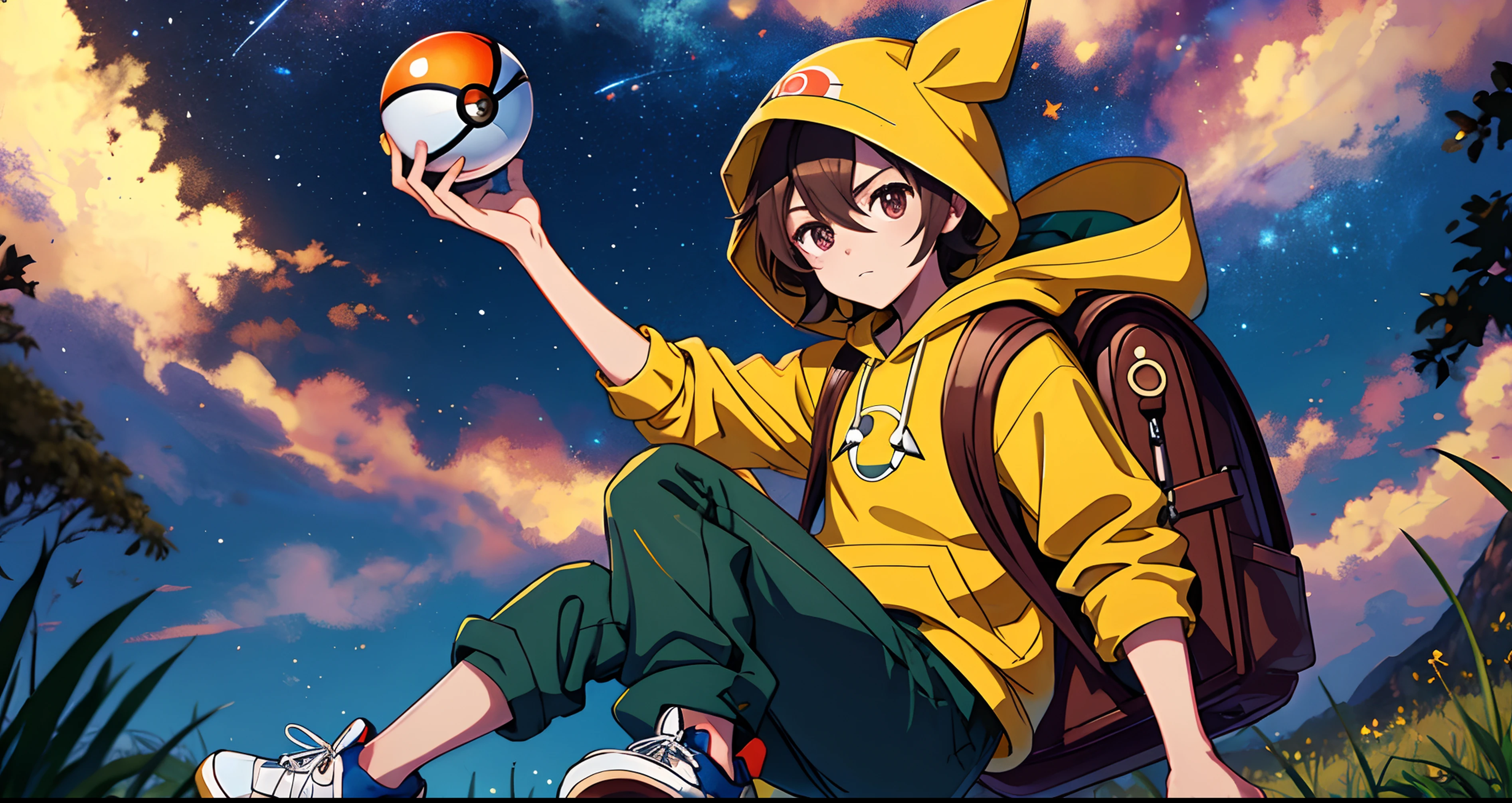 top-quality,​masterpiece,male child,1人,Yellow Hood Jumper,Black inner,Brown pants,shoes,Purple eye,Pokémon Trainer Wind,brown haired, poke ball, rucksack,Stargazing at night,