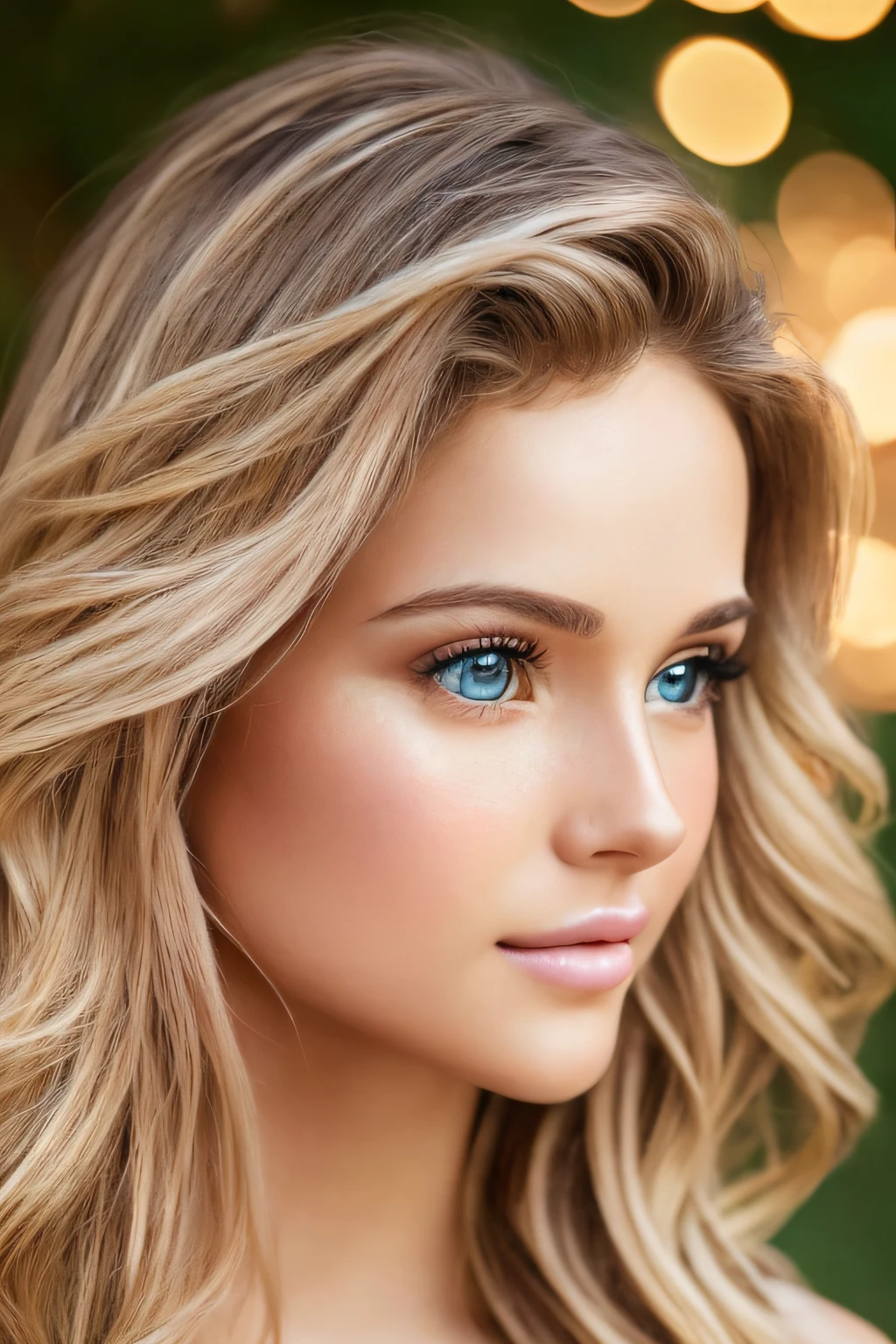 portraits,HDR,ultra-detailed,realistic,studio lighting,vivid colors,beautiful detailed eyes,beautiful detailed lips,wavy golden hair,pink blush on the cheeks,soft and flawless skin,focused expression,fascinating gaze,powerful aura,casual and elegant attire,peaceful background,subtle lighting effects,hint of bokeh,perfectly composed,masterpiece:1.2