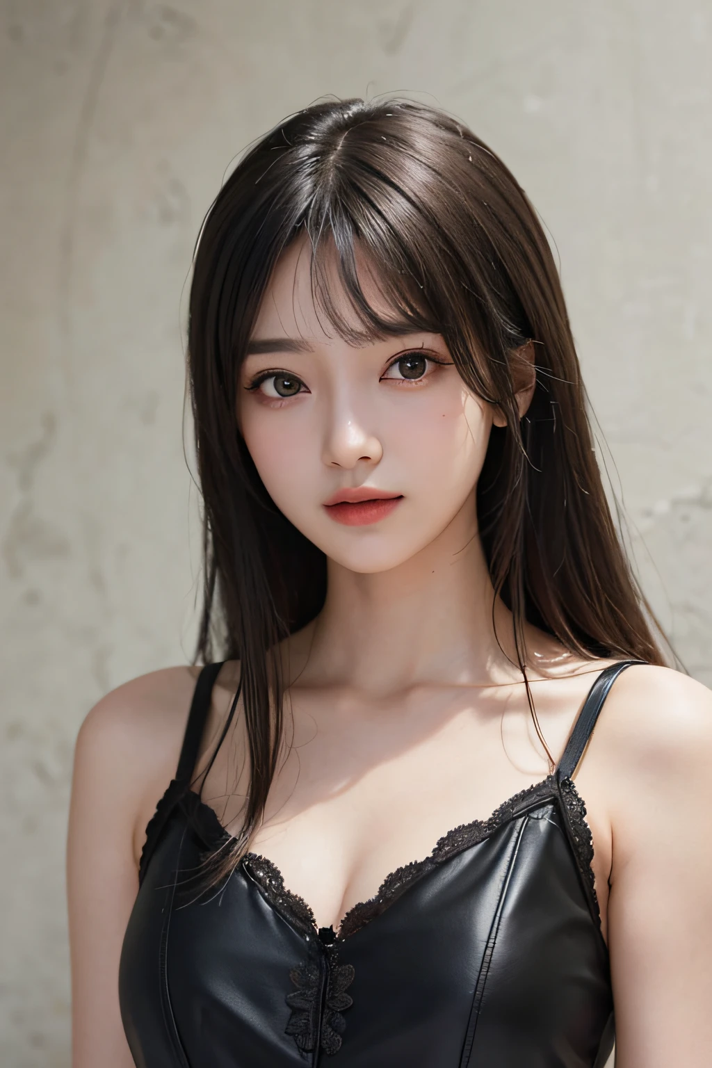 masterpiece、The highest image quality、hightquality、Beautuful Women、japanes、Popular Korean Makeup、detaileds、Swollen eyes、A detailed eye、Detailed skin、Beautiful skins、超A high resolution、(Realistis:1.4)、very extremely beautiful、Slightly younger face、Beautiful skins、Thin、(A hyper-realistic)、(illustratio)、(hight resolution)、(8K)、(ighly detailed)(The best illustrations)、(beautifully detailed eyes)、(ultra-detailliert)、(wall-paper)、(详细的脸)、looking at the viewers、fine detailed、 A detailed face、pureerosfaceace_v1、A smile、Looking straight ahead、Looking straight ahead、angle from waist up、photos realistic、Bright lighting、profetional lighting、A dark-haired(Part of the hair is green)、length hair、Black Leather Gothic Dress、a matural female、long stylish bangs、