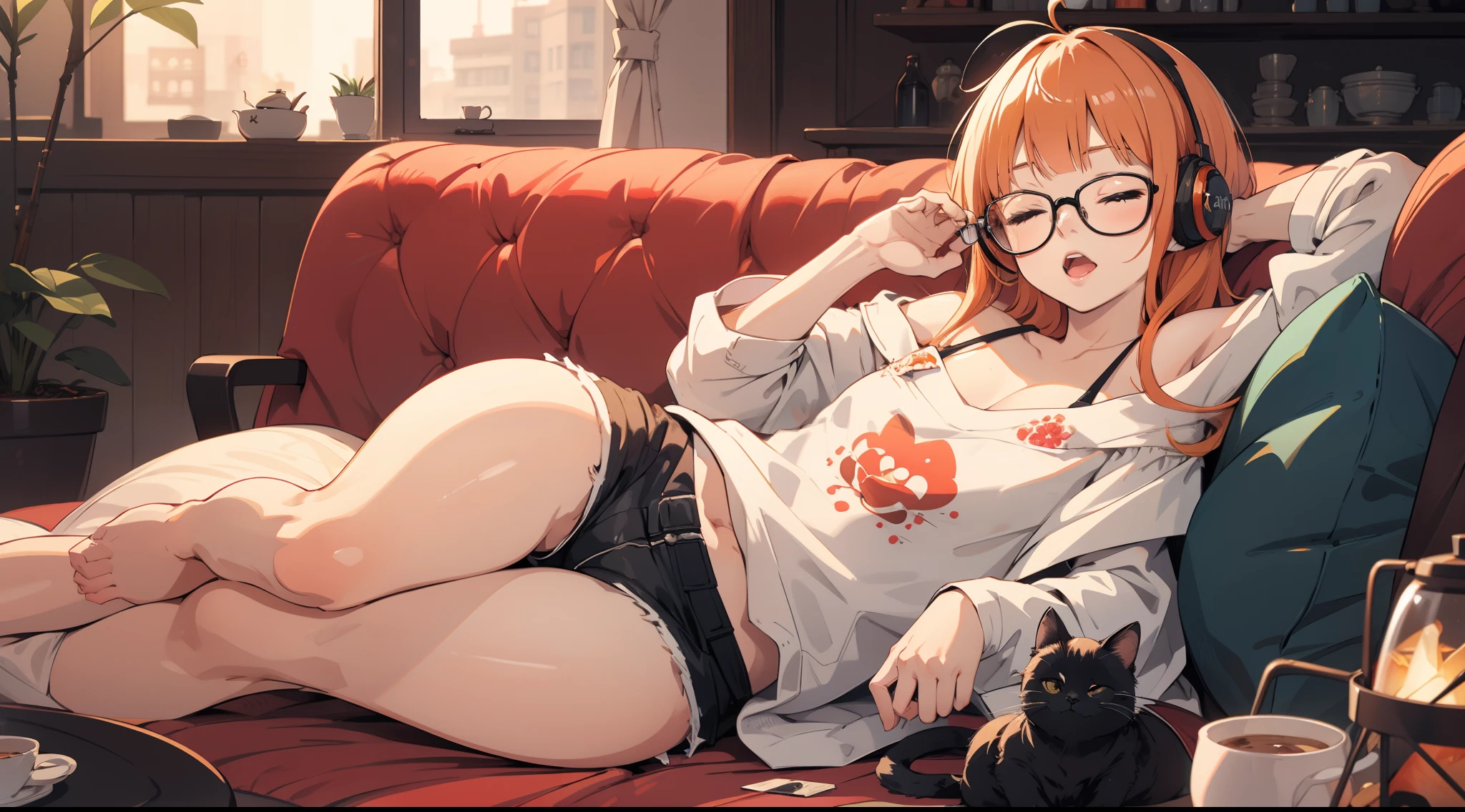 masutepiece, Best Quality, hight resolution,orange color hair、
1girl in, futaba sakura, Blunt bangs, Glasses, black-framed eyewear, Ahoge, Small breasts,
Glasses,  headphones, behind-the-head headphones, White Off-Shoulder Shirt Cat Print 、Shorts, thighs thighs thighs thighs,barefoot
 Cowboy Shots,Golden Hour 1 Black Cat、tea shop、Sleep on the sofa、languorous expression、eye closed、Open your mouth wide