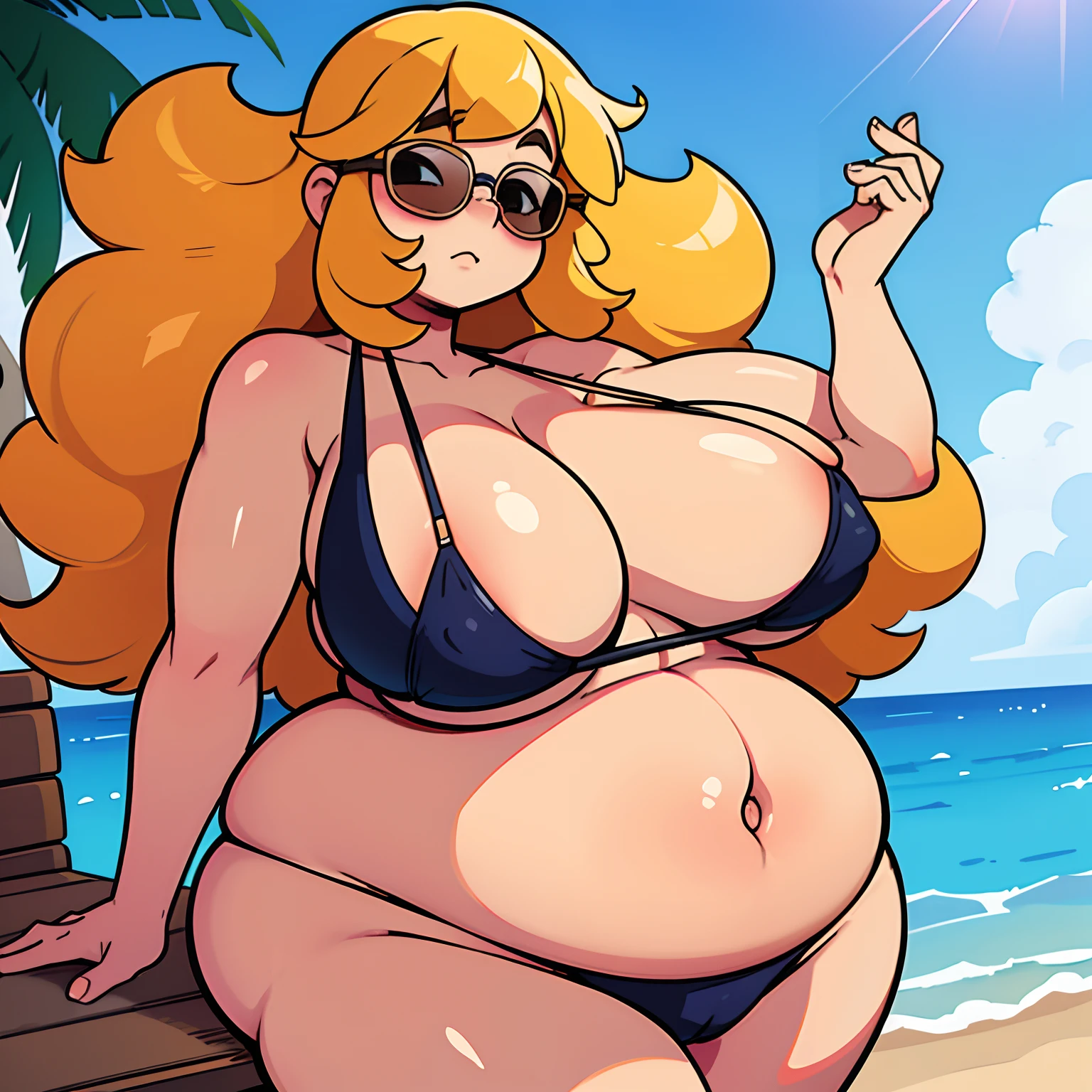 Bbw sunbathing at the beach, on the beach, enormous belly, round belly, fat body, very big thighs, skimpy bikini, sunglasses over her eyes, very sexy curly hair, blonde hair, relaxed, very fat belly, high res,
