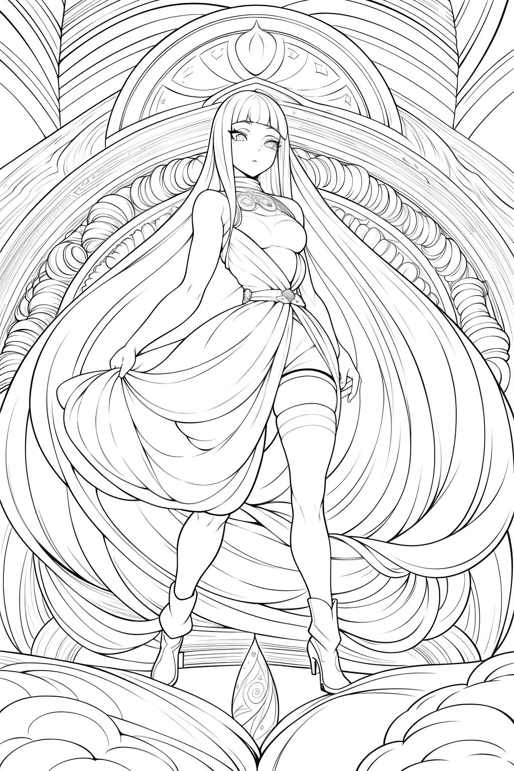 official lineart, Lineart only, Smooth lines, unity 8k wallpaper, ultra detailed, beautiful and aesthetic, masterpiece, best quality, (zentangle, mandala, tangle, entangle), (fractal art:1.3) , 1girl, extremely detailed, dynamic angle, 23 year old, cold-hearted, slighty-unemotional expression, lidded-eyes, luscious eyelashes, cold feminine mortal of 23 years old, ethereal in both appearance and demeanor, possesing a long hair extending to her knees, with longer side fringe capturing her face, Her visage, accentuated by mismatched jeweled texture eyes, Curvaceous hourglass figure, attired in a one piece styled black apparel of the overall style was worn, precisely a bodysuit with features of sleeveless, turtle neck and attached to mini hip hugger shorts with a detail of a waist window, Accompanied by a thigh high stocking, paired with leather heeled-boot footwear